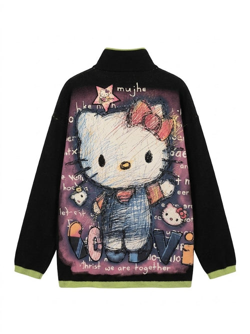 Black Cartoon Appliqué Half-Zip Pullover | Y2K Oversized Sweatshirt