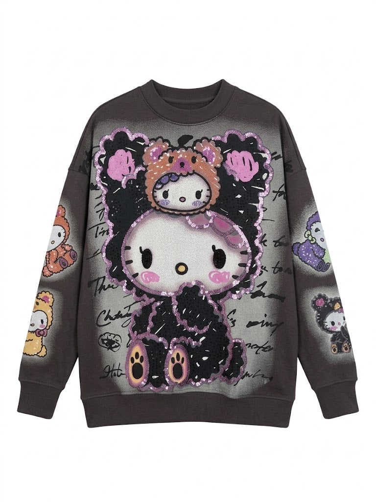 Dark Brown Glitter Cartoon Graphic Sweatshirt | Y2K Oversized Pullover