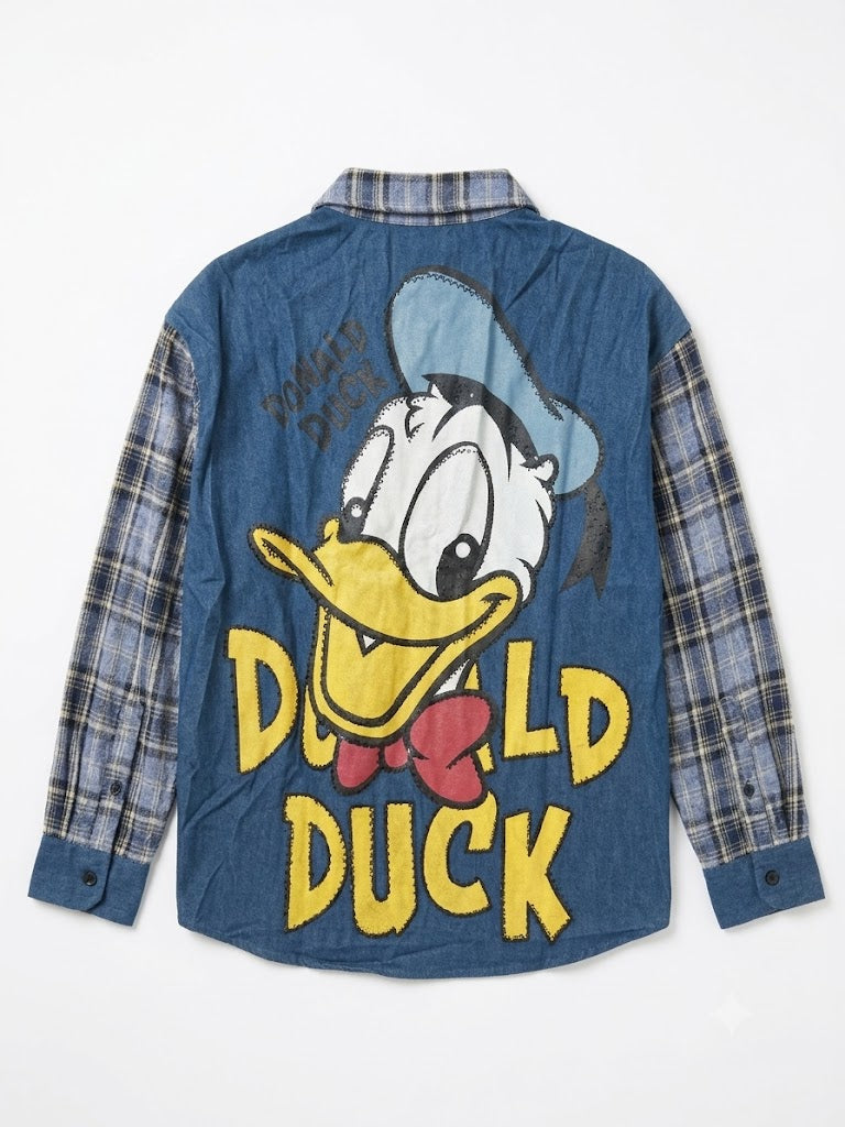 Vintage Patchwork Denim Plaid Button-Up Shirt | Oversized Y2K Style