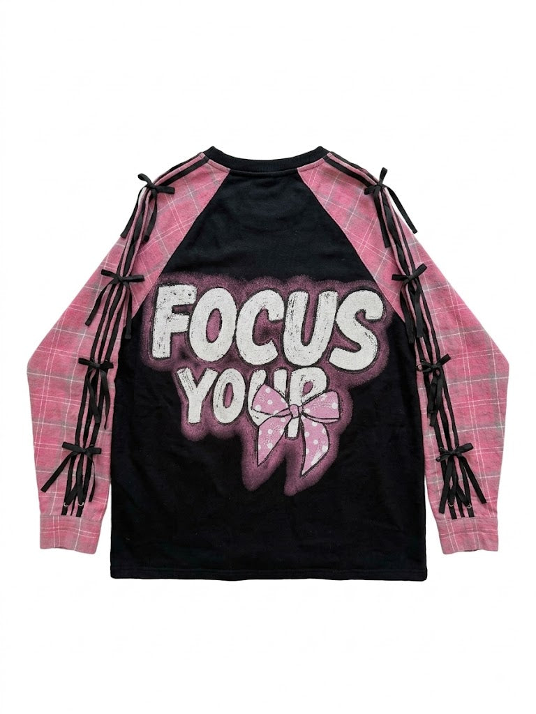 Pink Plaid Cartoon Patchwork Lace-Up Sweatshirt