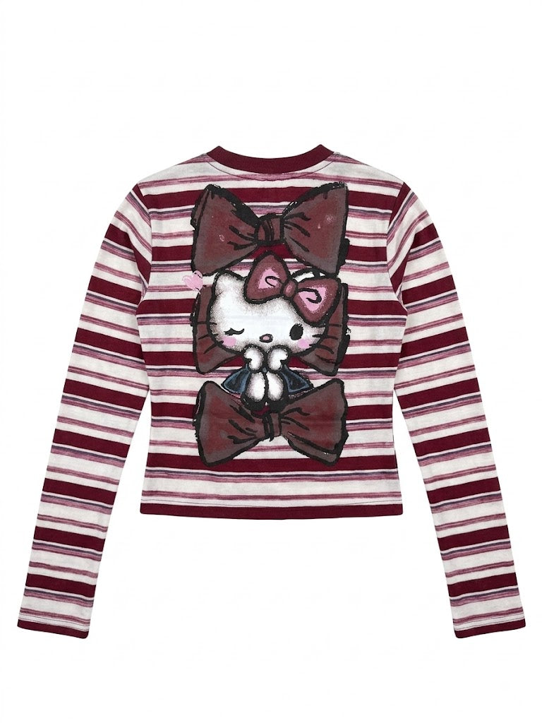 Burgundy Stripe Bow Kitty Long Sleeve Top