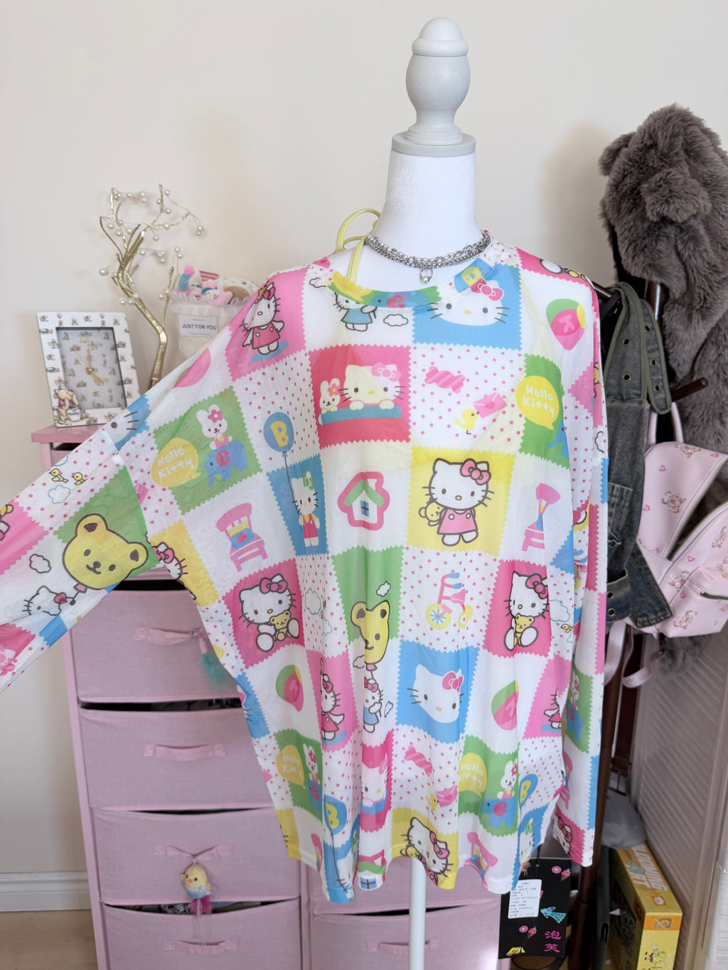 Pastel Cartoon Print Mesh Long Sleeve Top