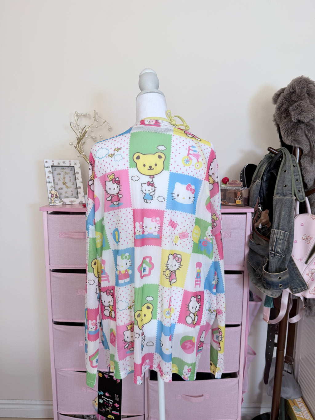 Pastel Cartoon Print Mesh Long Sleeve Top