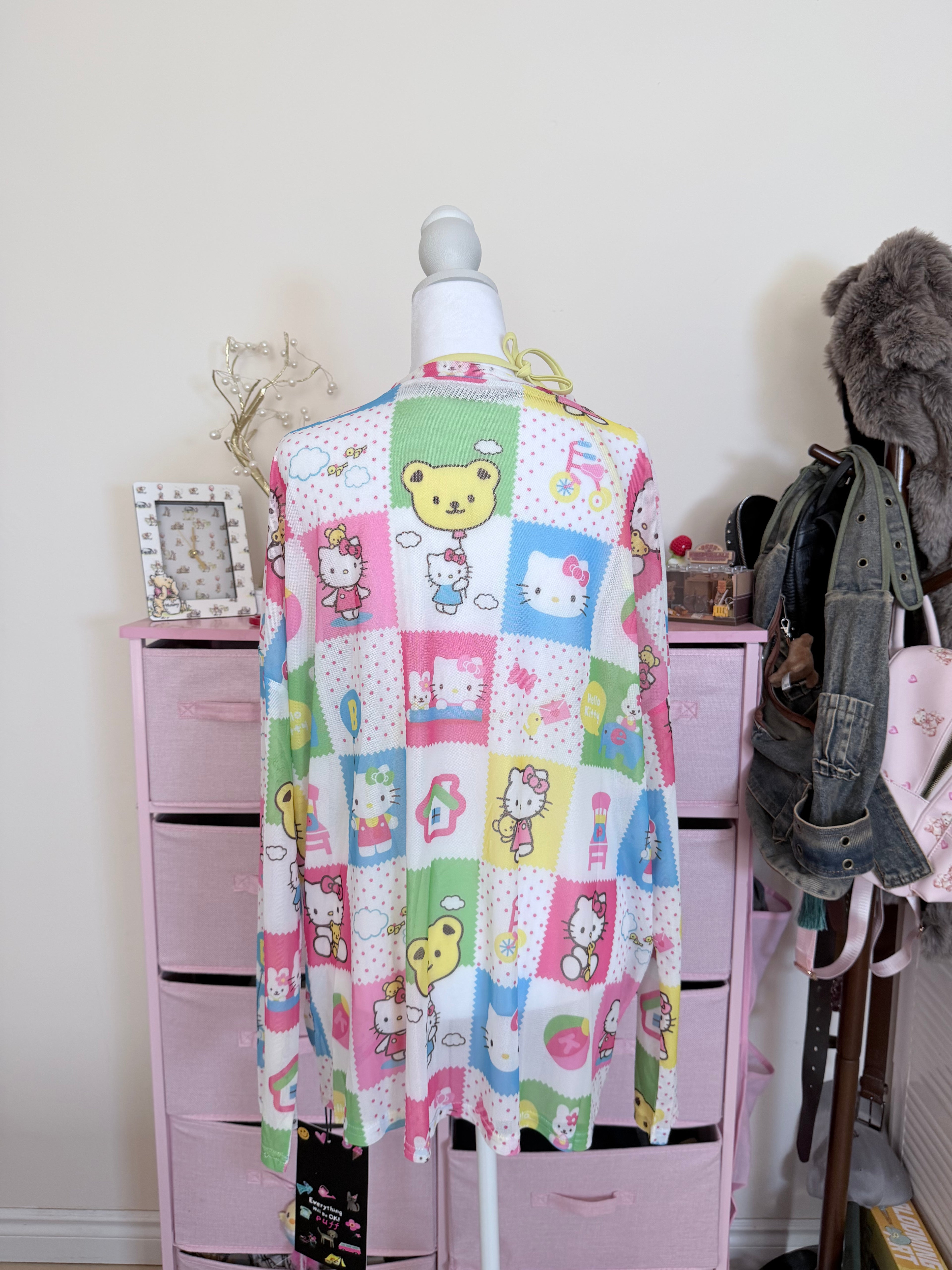 Pastel Cartoon Print Mesh Long Sleeve Top