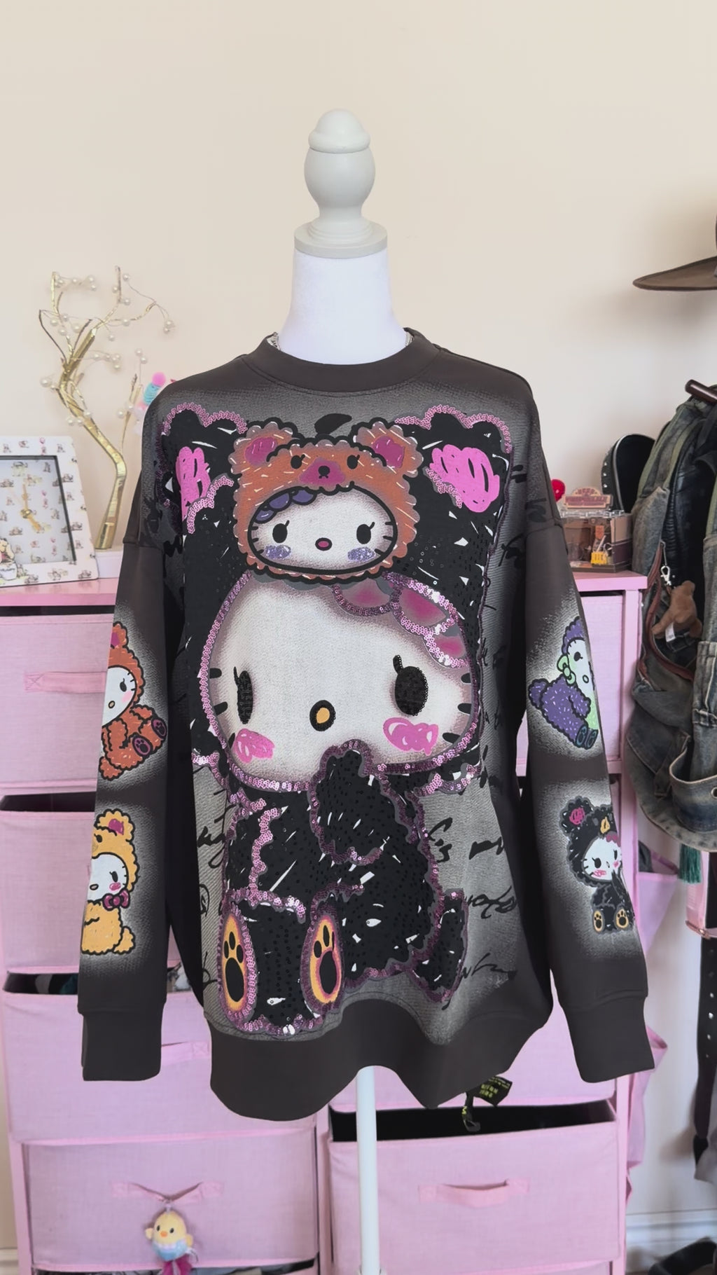 Dark Brown Glitter Cartoon Graphic Sweatshirt | Y2K Oversized Pullover