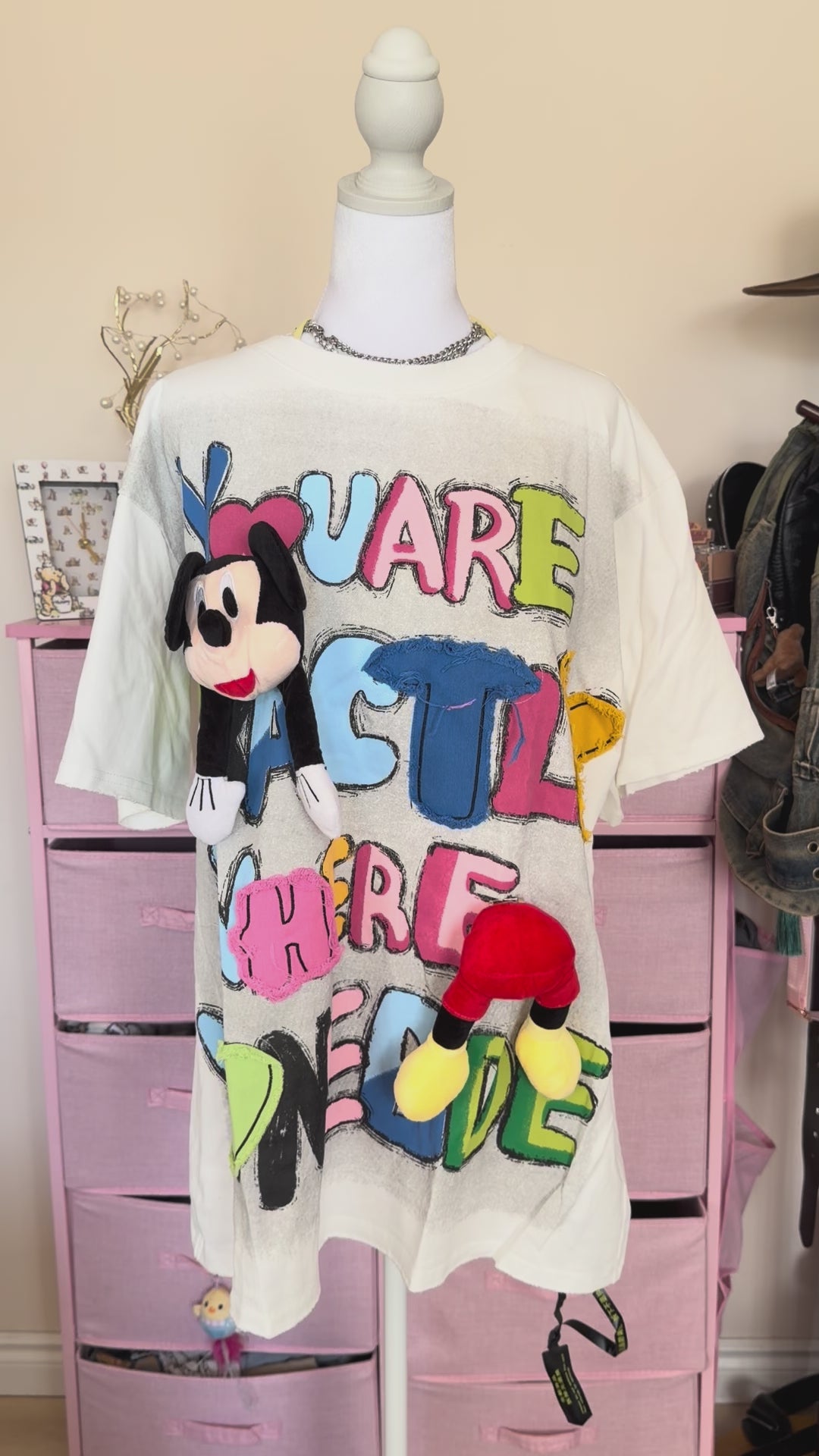 3D Plush Patchwork Graphic Oversized T-Shirt – White