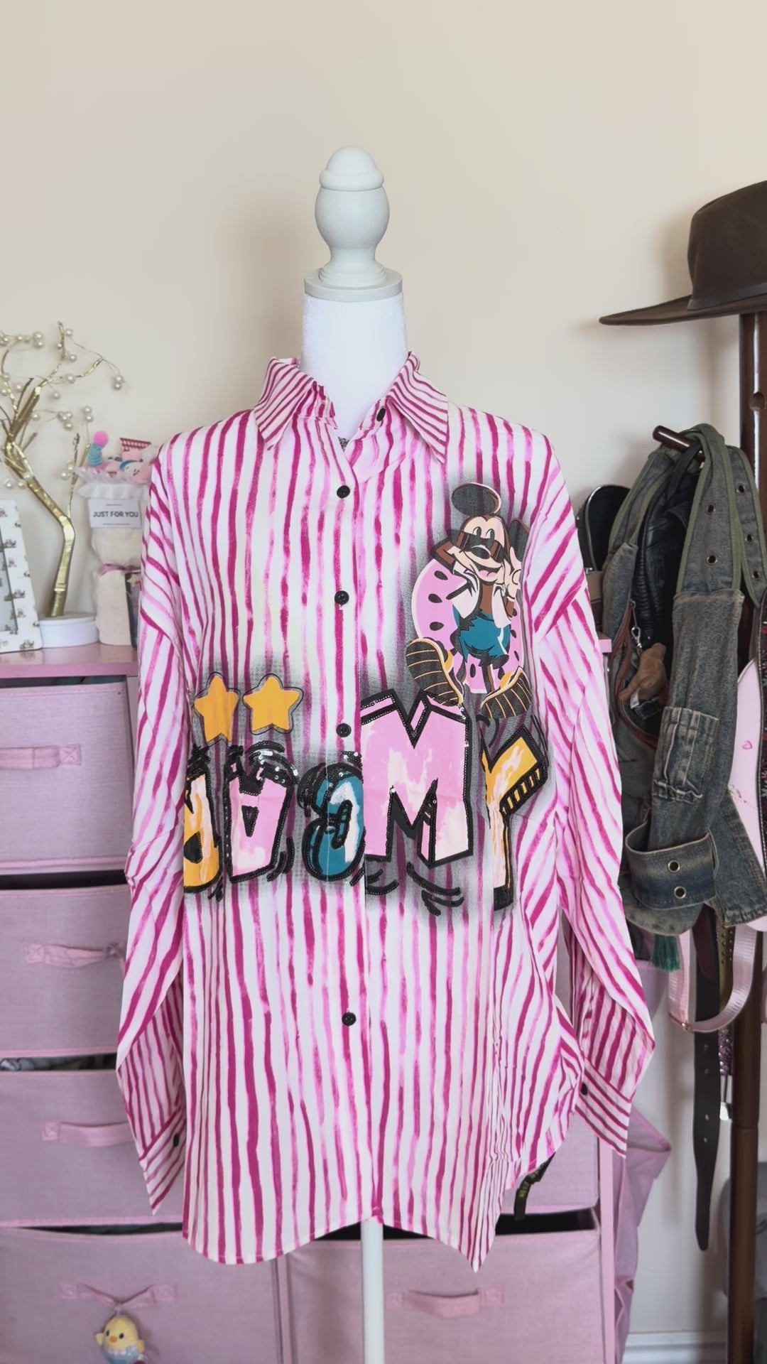 Pink Kawaii Striped Button-Up Shirt