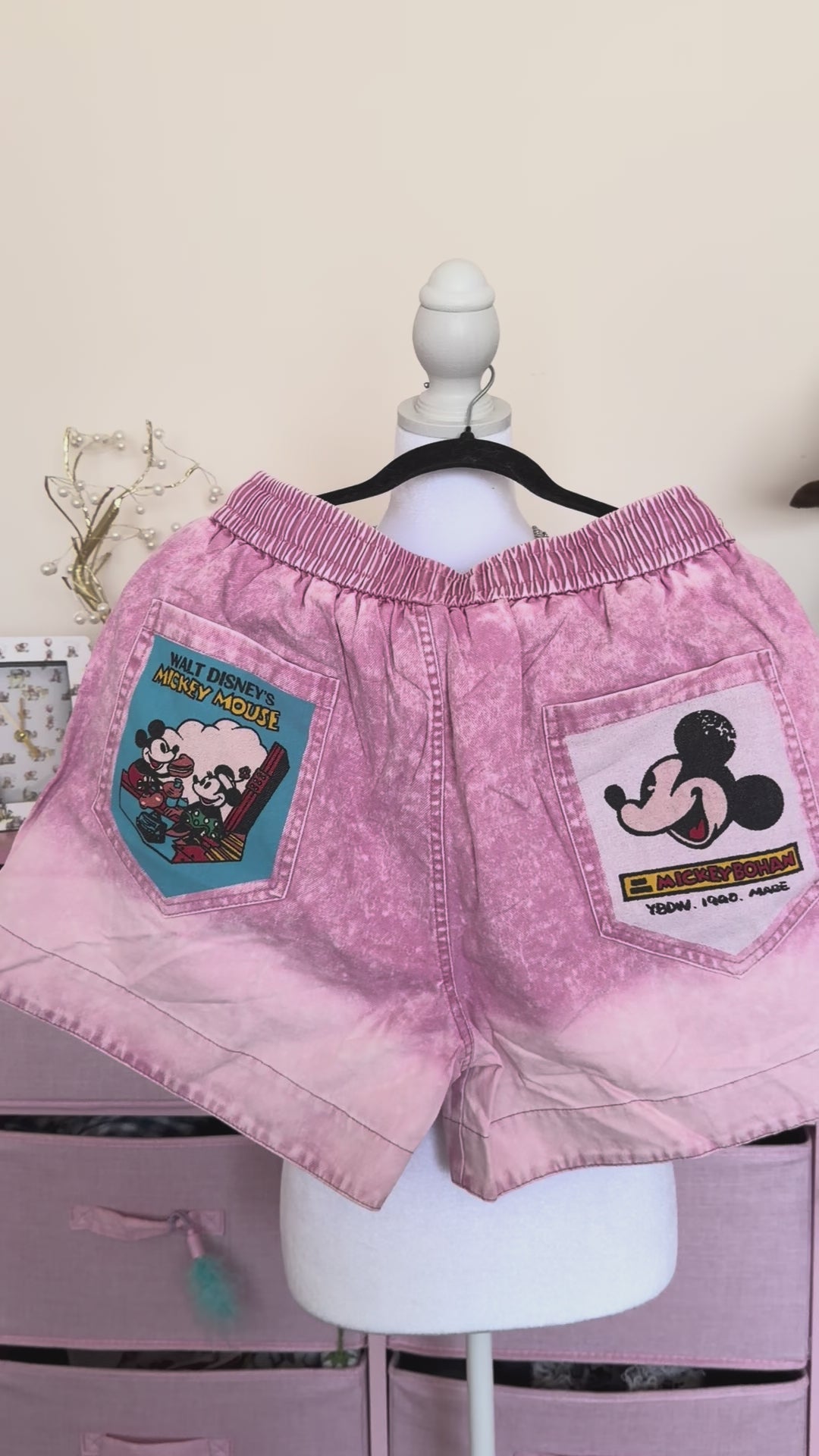 Pink Washed Distressed Denim Shorts | Vintage Cartoon Patchwork Shorts