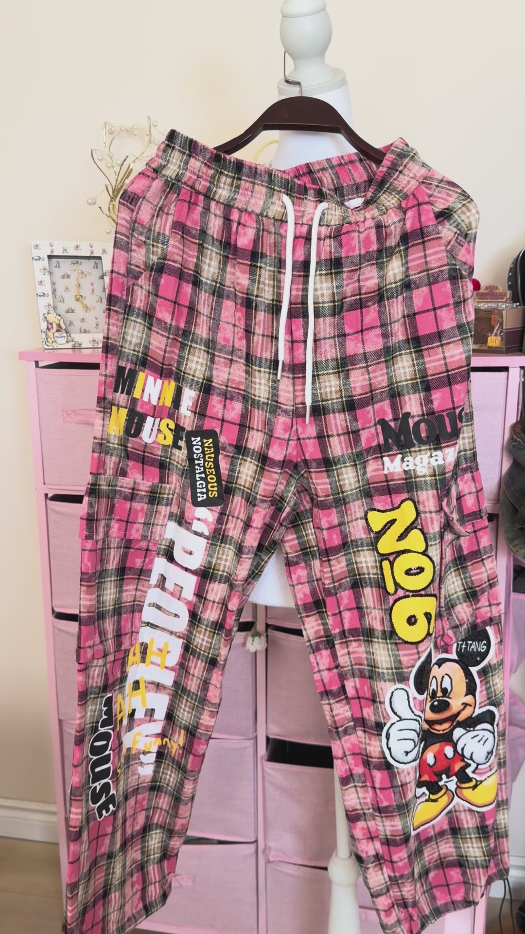 Pink Plaid Wide-Leg Cargo Pants with Cartoon Graphic