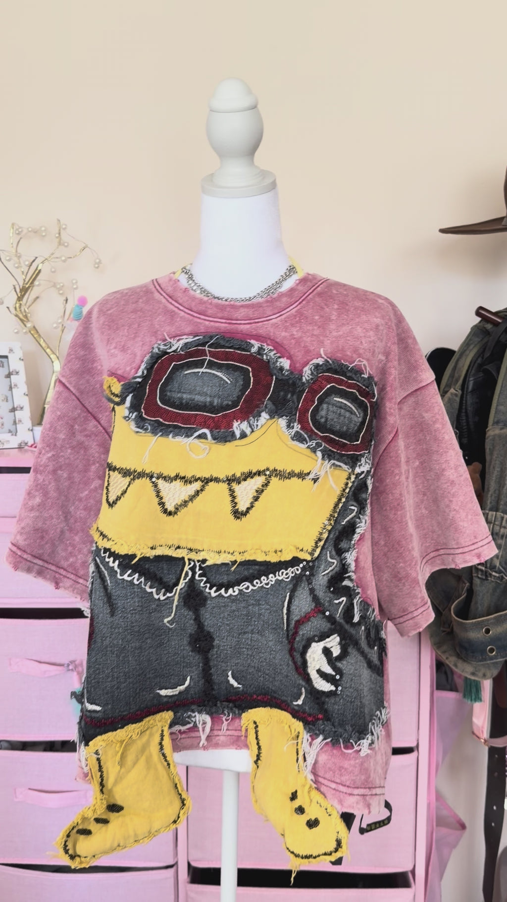 Y2K 3D Plush Statement Tee | Pink Acid Wash