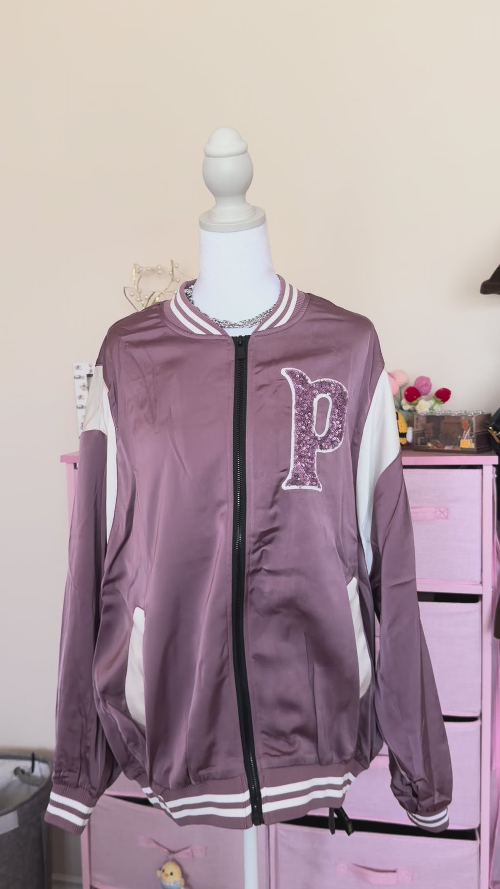 Dusty Pink Sequin Varsity Bomber Jacket | Y2K Zip-Up Jacket