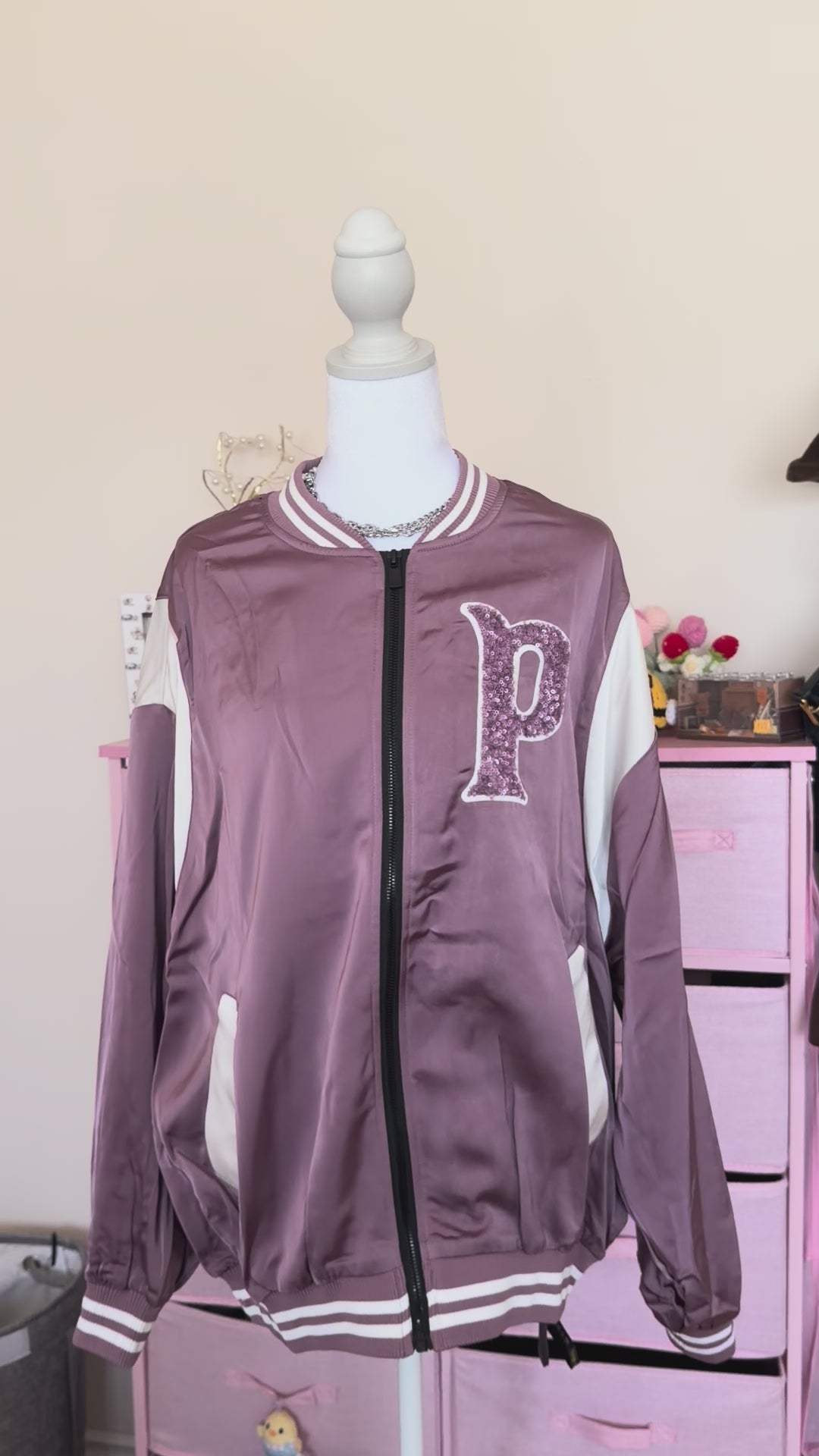 Dusty Pink Sequin Varsity Bomber Jacket | Y2K Zip-Up Jacket