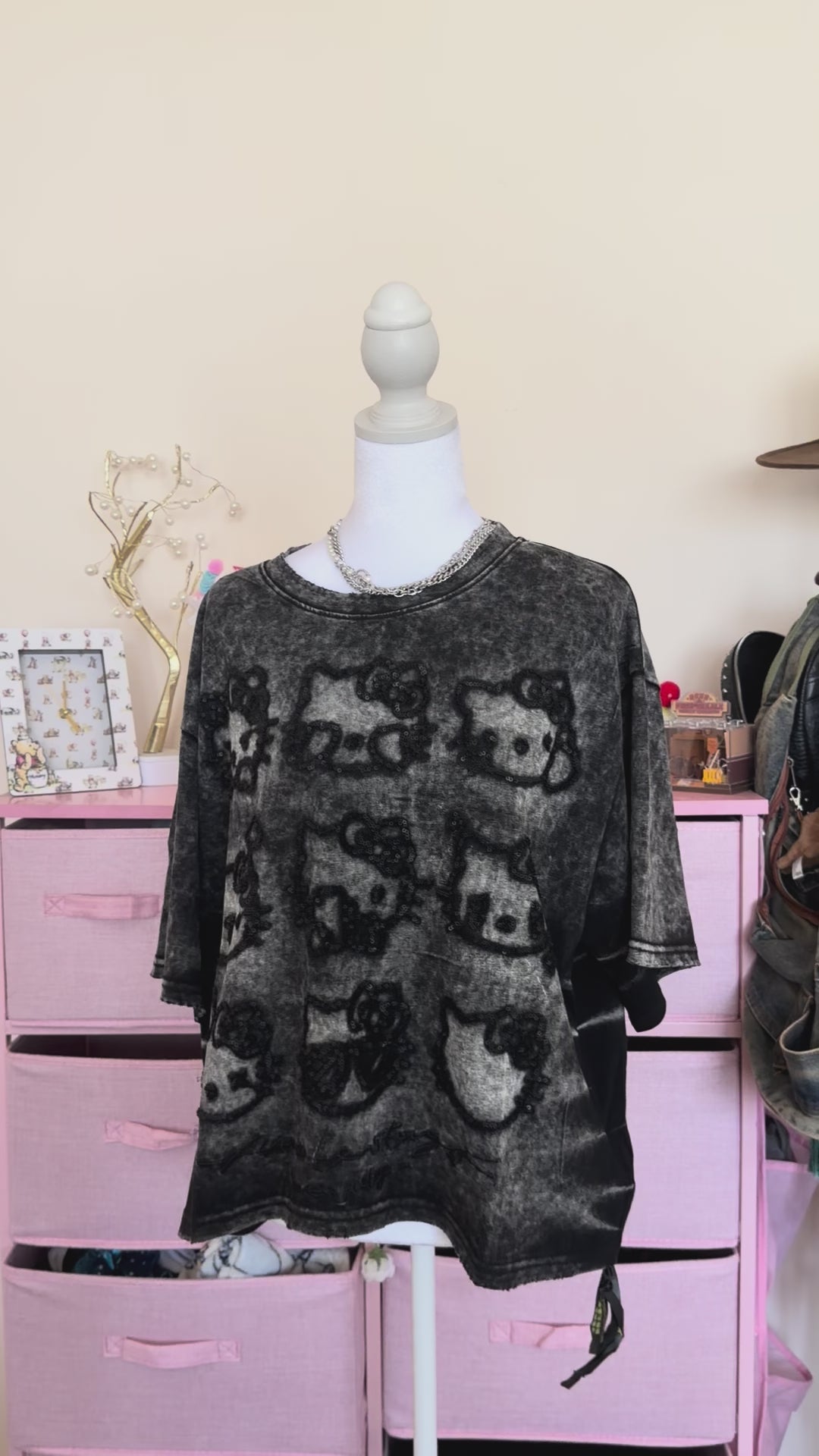 Vintage Rhinestone Patch Graphic T-Shirt – Acid Wash Black