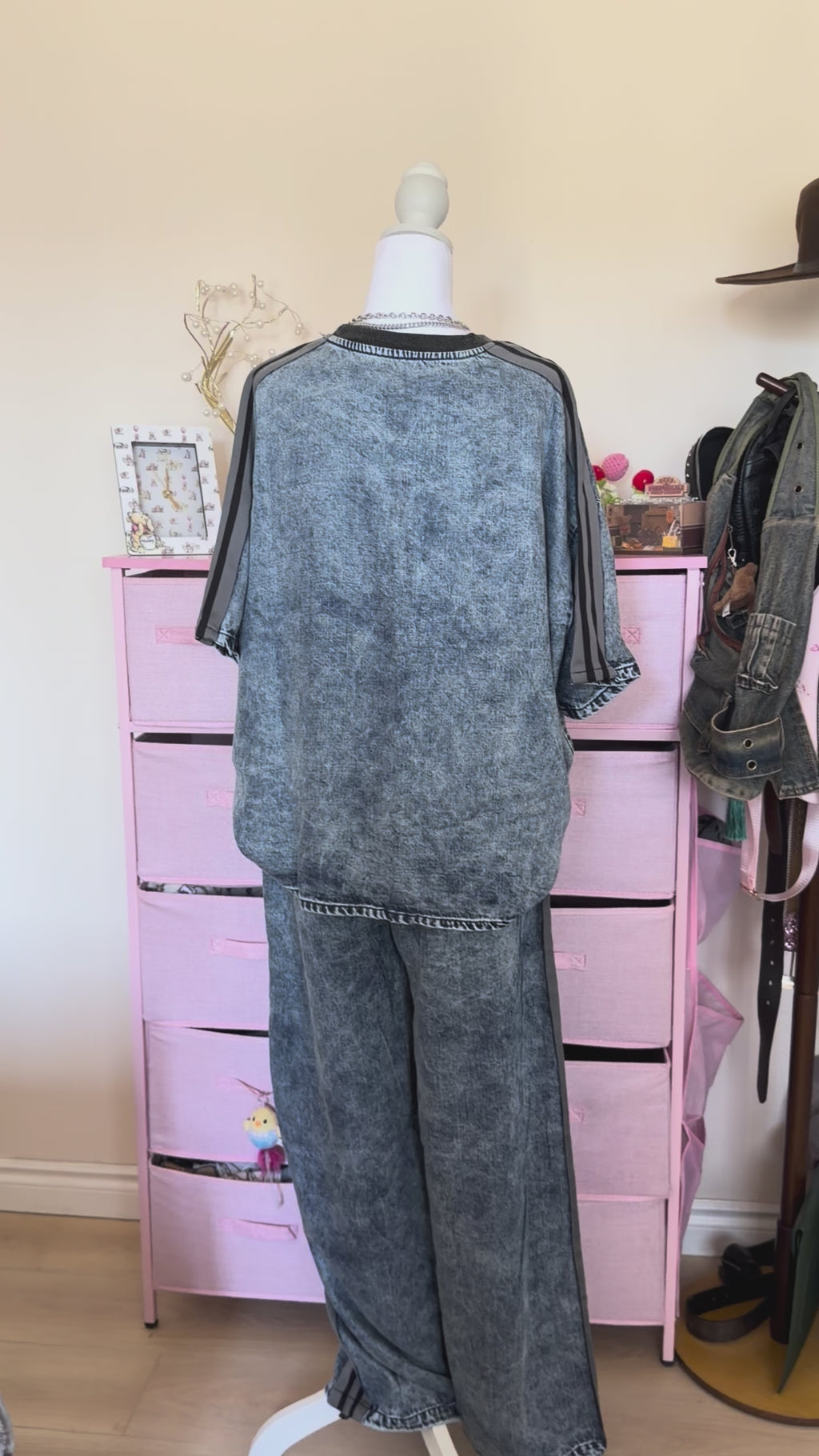 Washed Denim Rhinestone Two-Piece Set – Grey