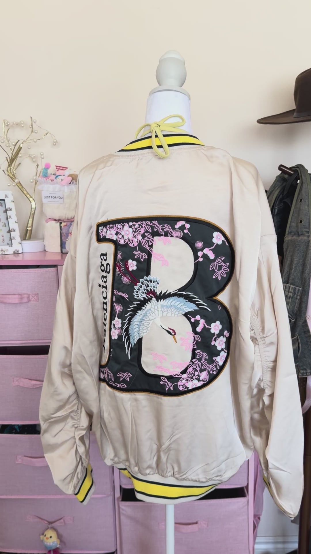Beige Embroidered Varsity Bomber Jacket | Vintage Cartoon Floral Jacket