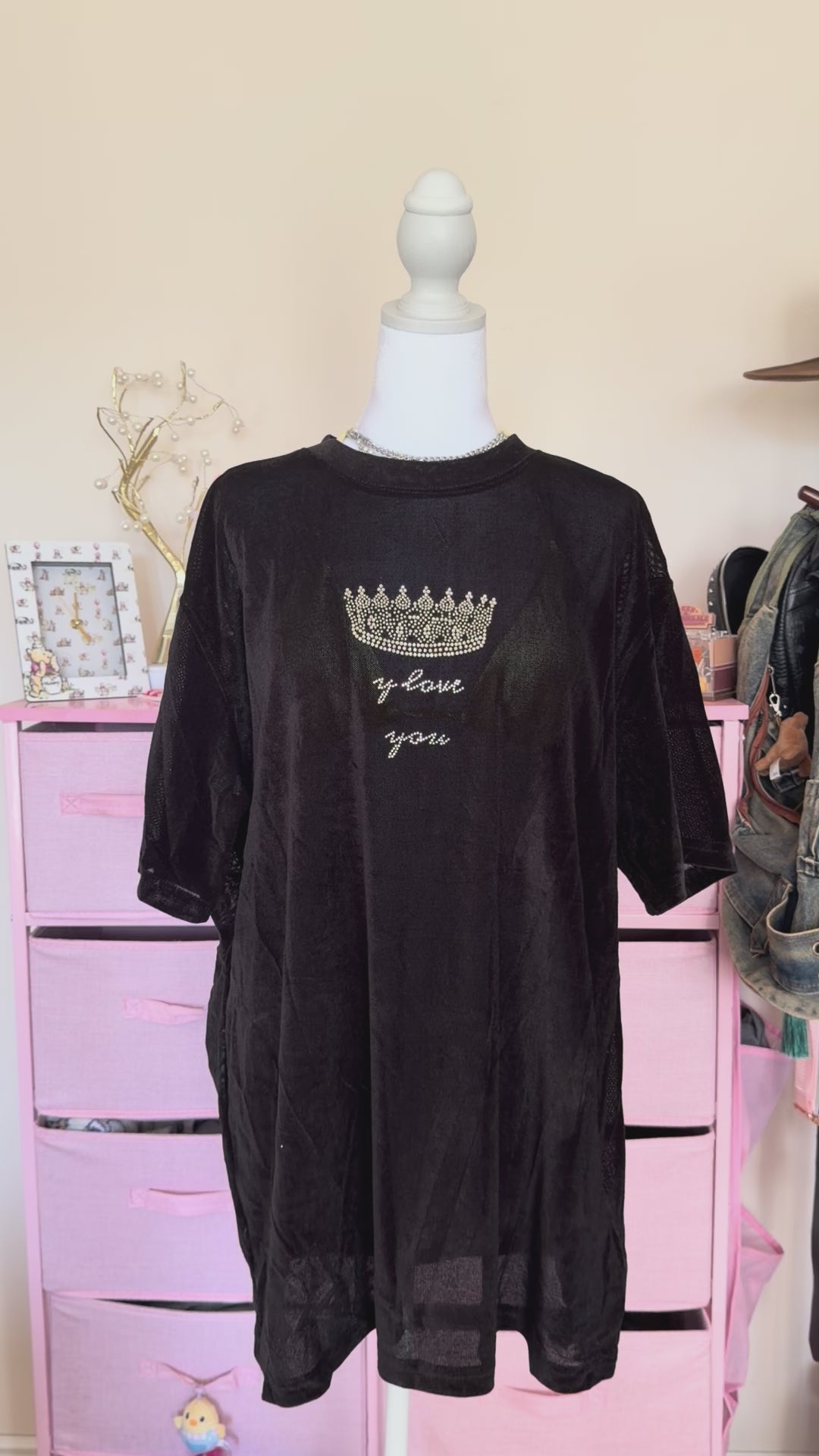 Rhinestone Crown Mesh Oversized T-Shirt – Black