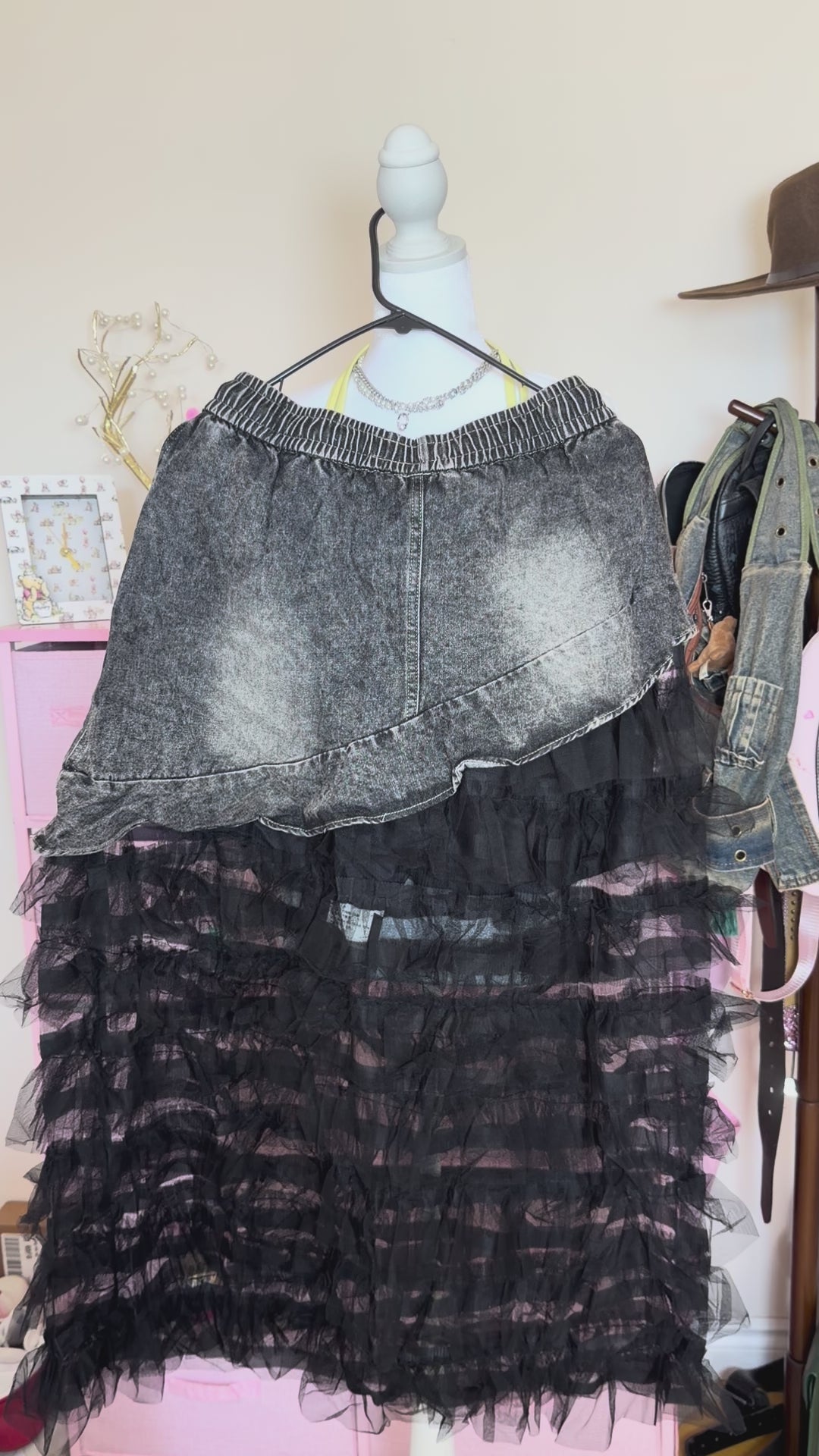Y2K Washed Denim & Mesh Tiered Maxi Skirt