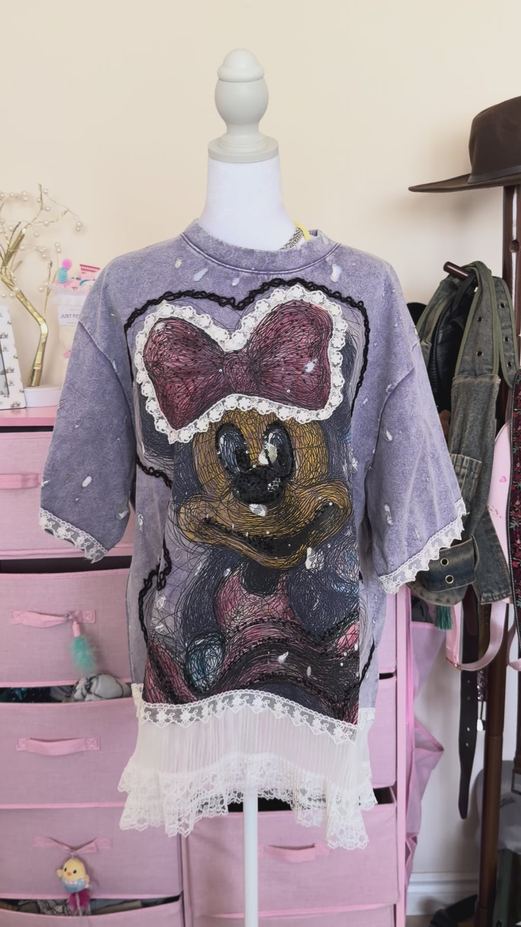 Purple Lace Distressed Rhinestone Cartoon Graphic T-Shirt | Y2K Coquette Grunge Top