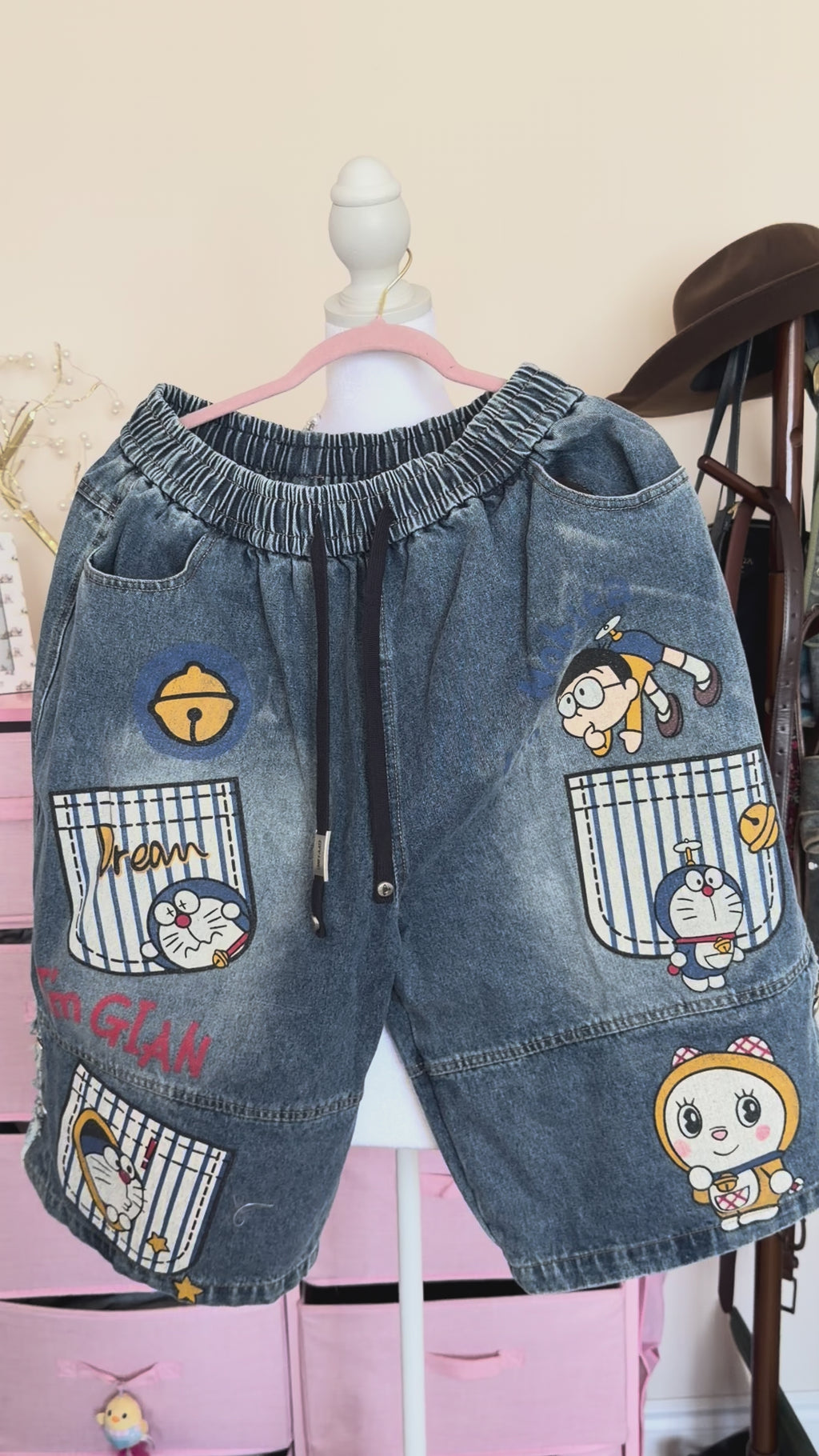 Washed Denim Cartoon Patch Bermuda Shorts | Y2K Drawstring Shorts