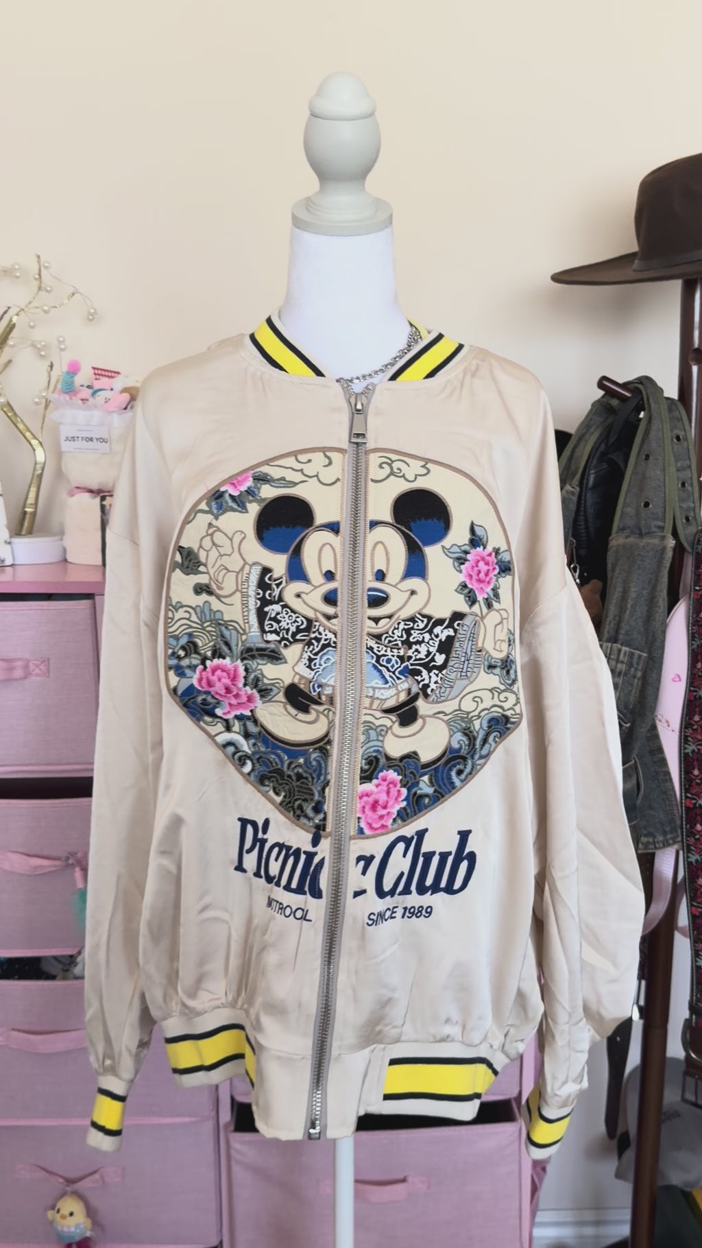 Beige Embroidered Varsity Bomber Jacket | Vintage Cartoon Floral Jacket