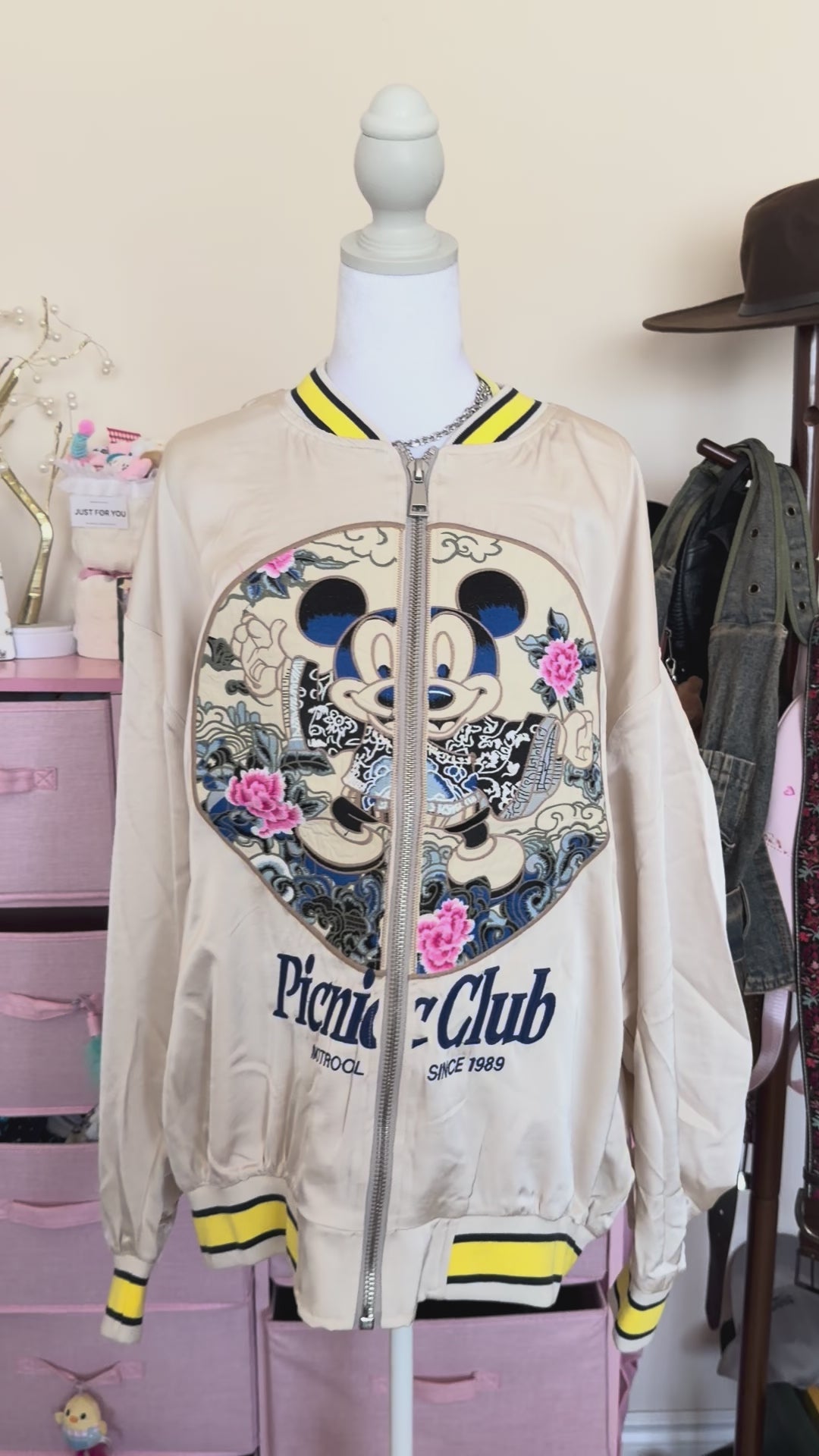 Beige Embroidered Varsity Bomber Jacket | Vintage Cartoon Floral Jacket