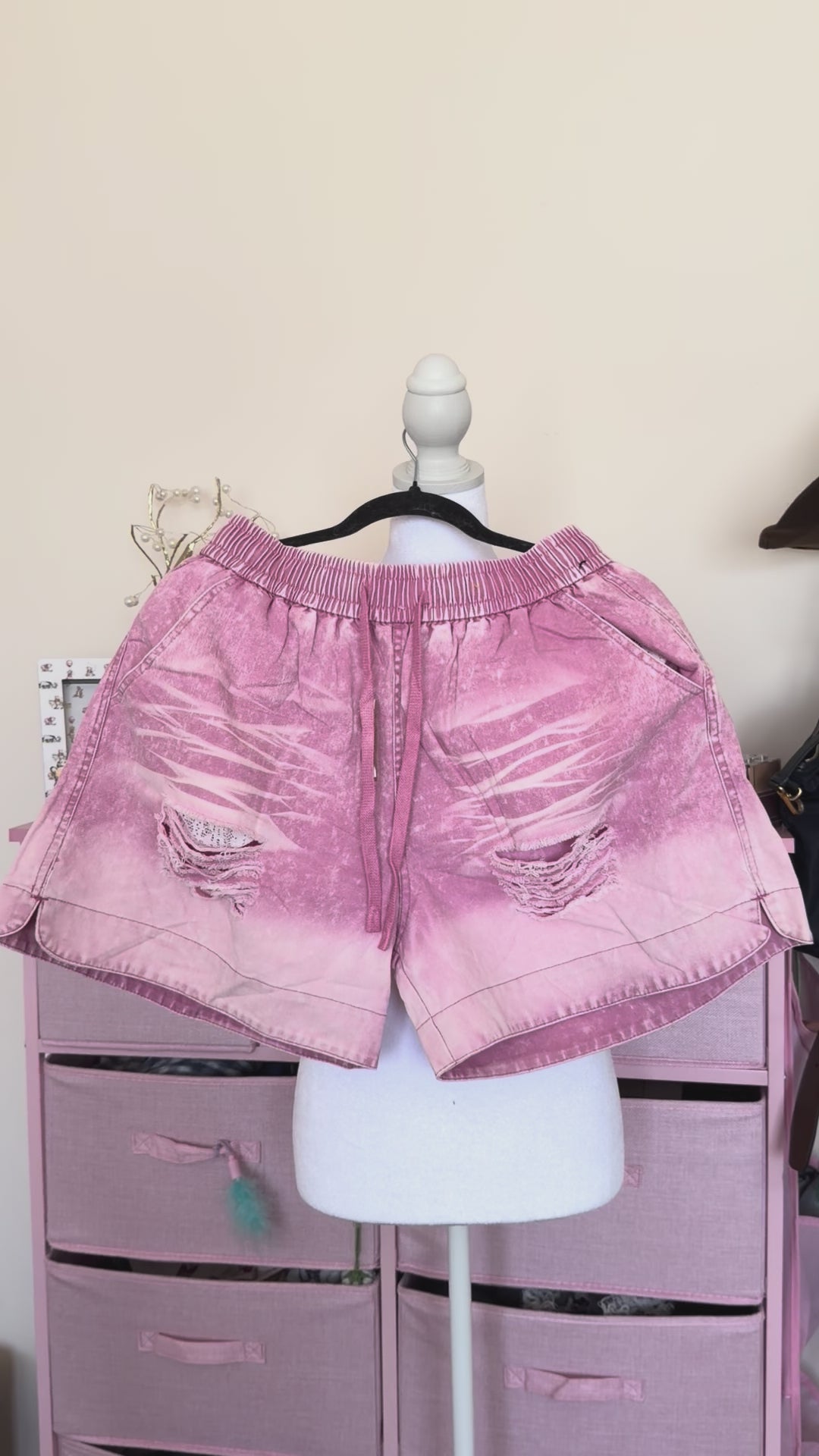 Pink Washed Distressed Denim Shorts | Vintage Cartoon Patchwork Shorts