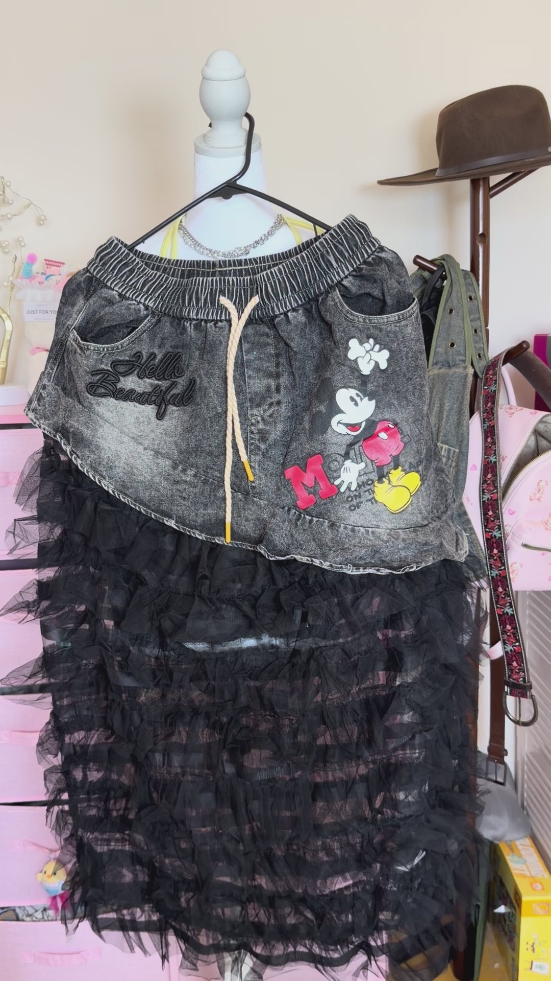 Y2K Washed Denim & Mesh Tiered Maxi Skirt