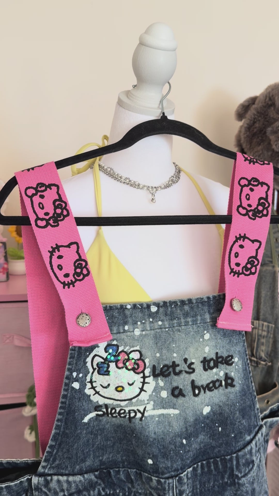 Vintage Denim Overalls with Hello Kitty Graphics