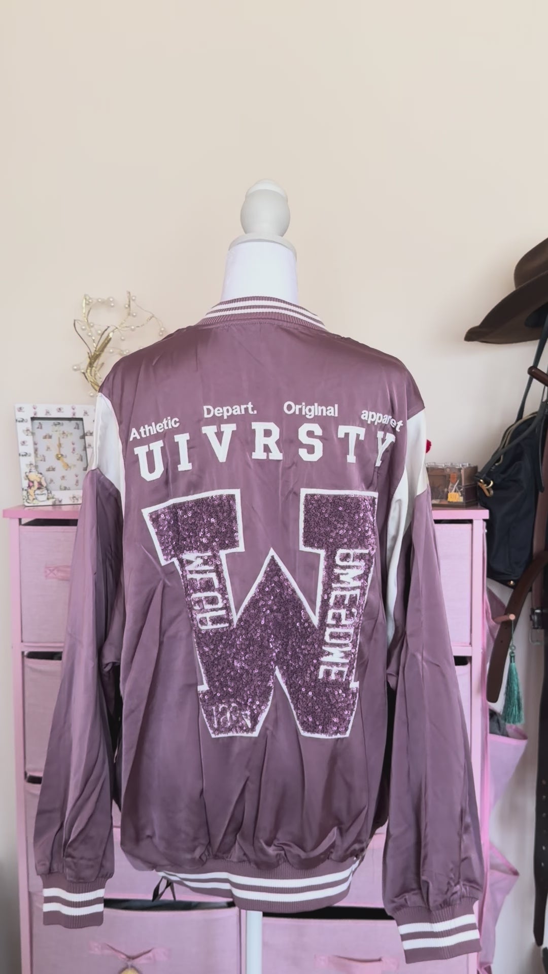 Dusty Pink Sequin Varsity Bomber Jacket | Y2K Zip-Up Jacket