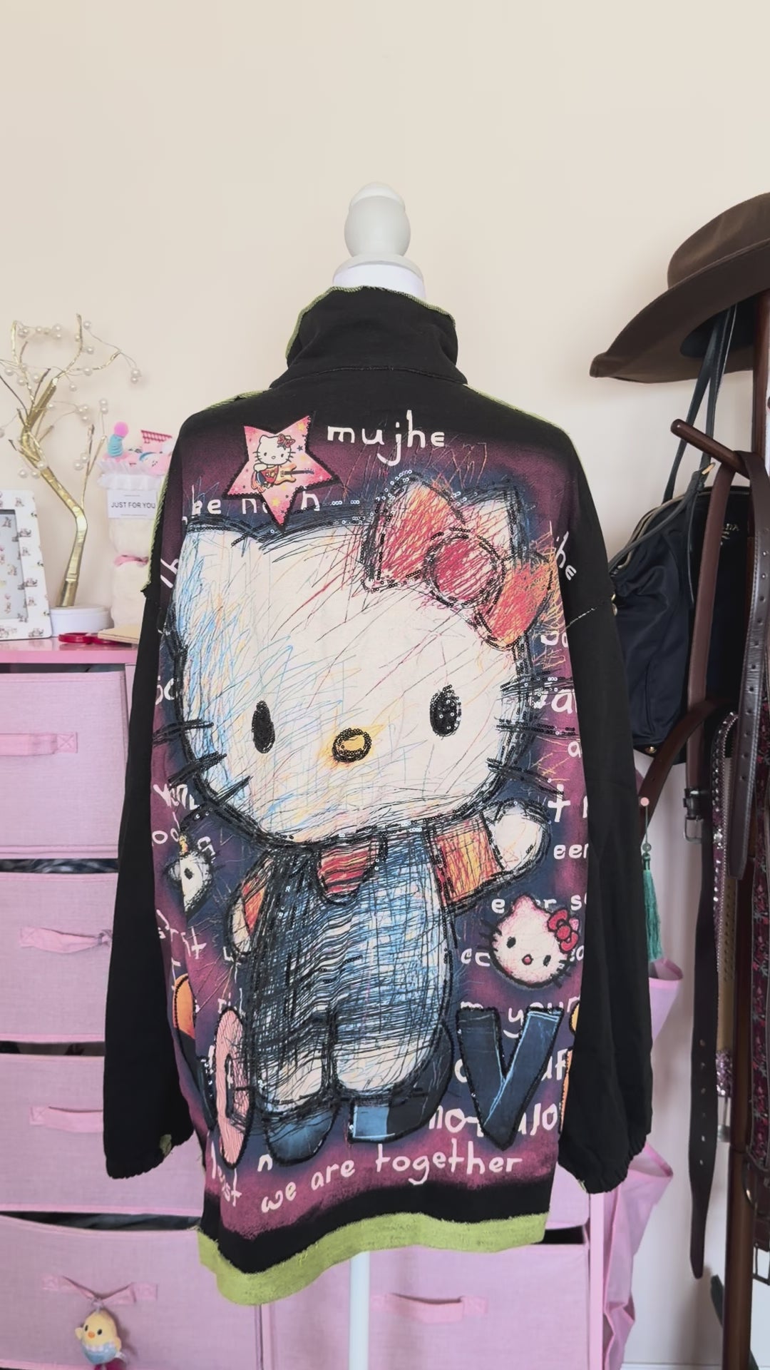 Black Cartoon Appliqué Half-Zip Pullover | Y2K Oversized Sweatshirt