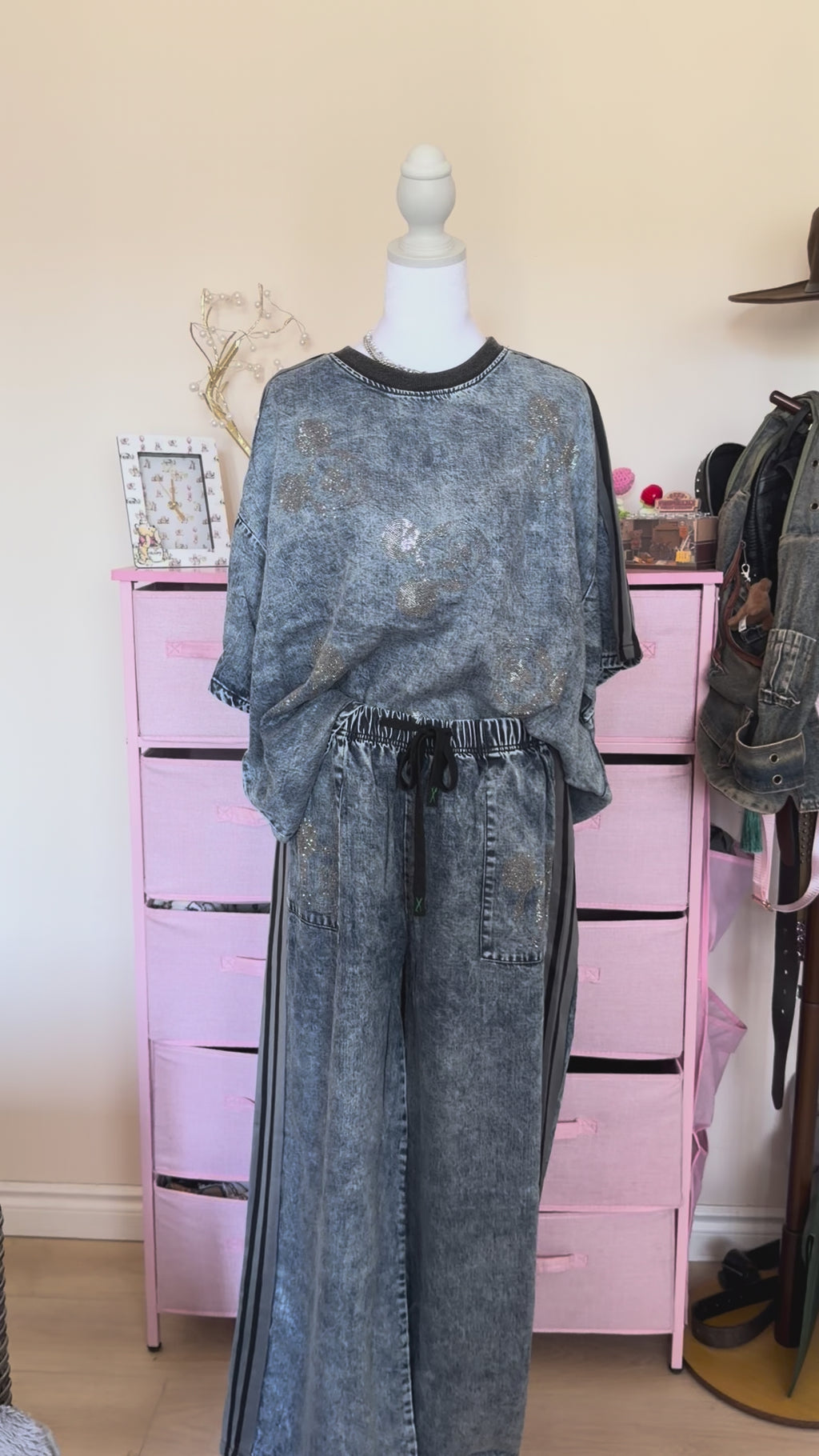 Washed Denim Rhinestone Two-Piece Set – Grey