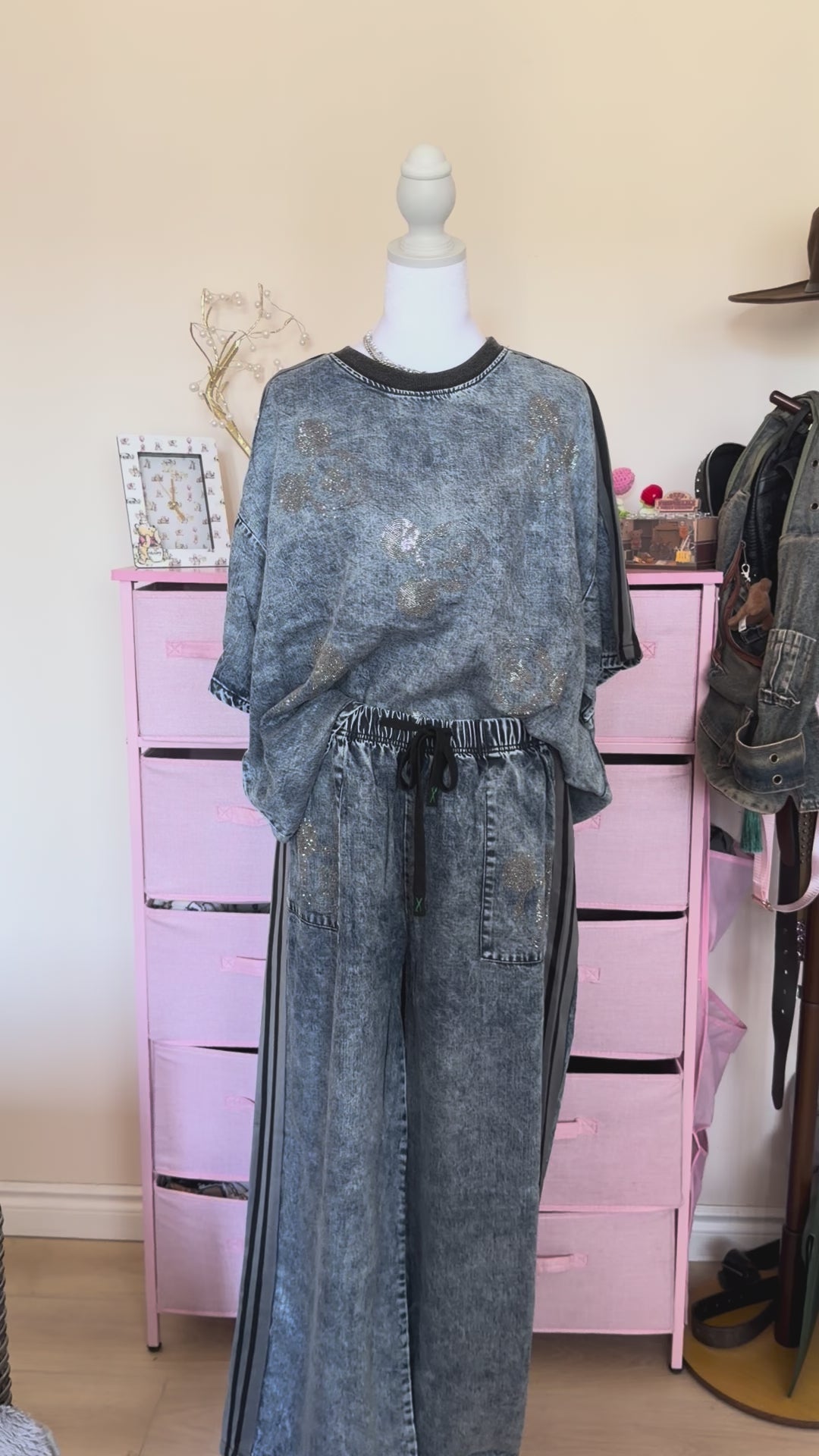 Washed Denim Rhinestone Two-Piece Set – Grey