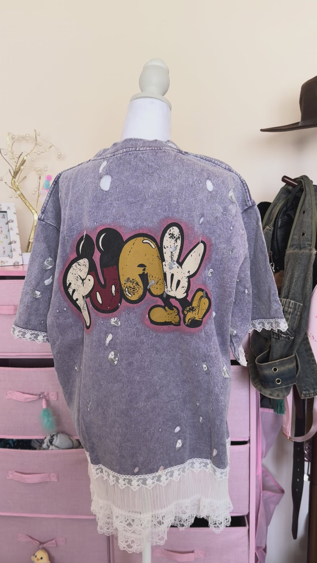 Purple Lace Distressed Rhinestone Cartoon Graphic T-Shirt | Y2K Coquette Grunge Top