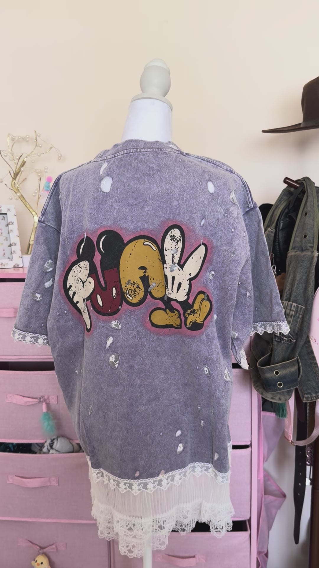 Purple Lace Distressed Rhinestone Cartoon Graphic T-Shirt | Y2K Coquette Grunge Top
