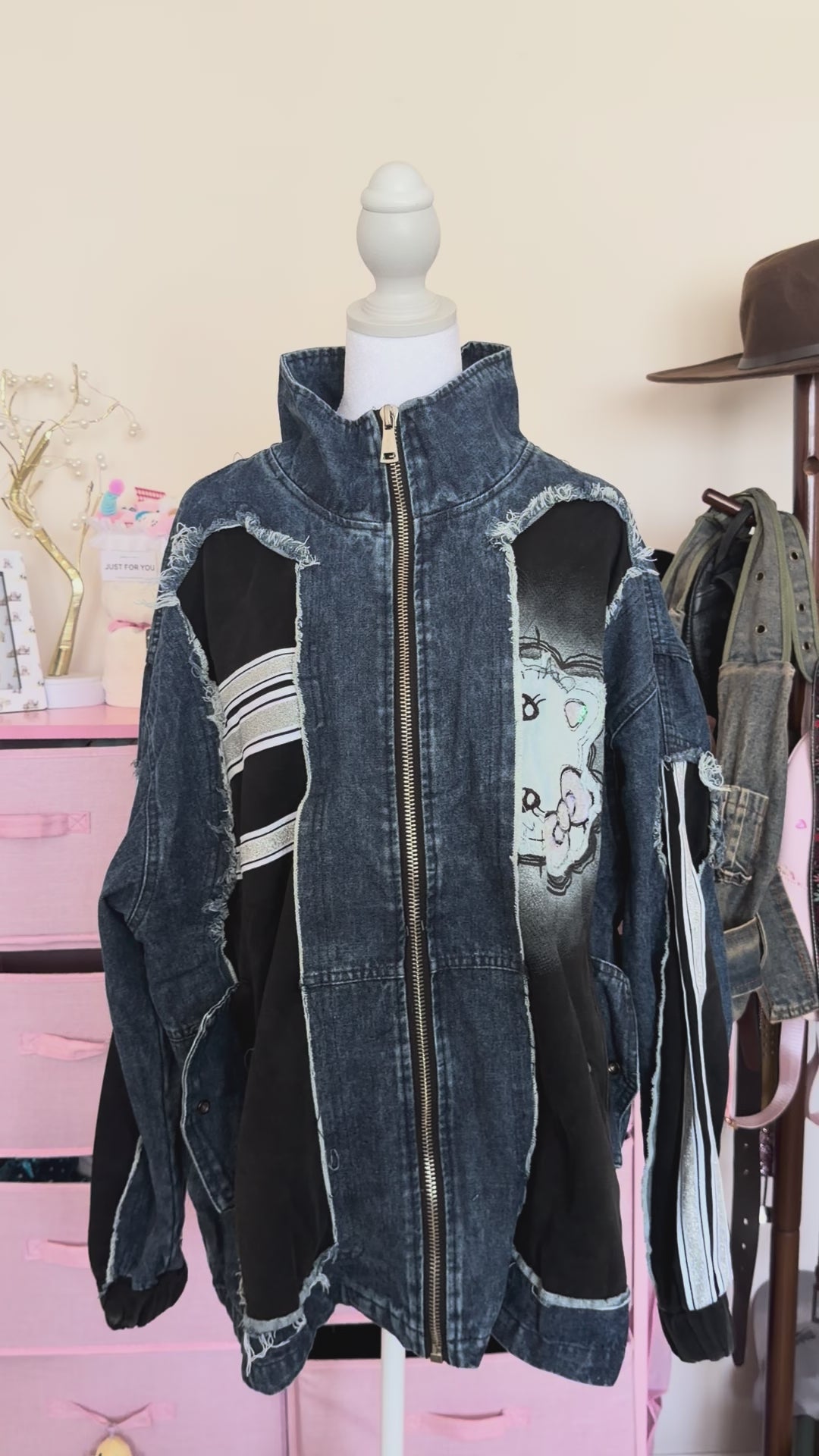 Patchwork Denim Zip-Up Jacket | Distressed Streetwear Oversized Outerwear