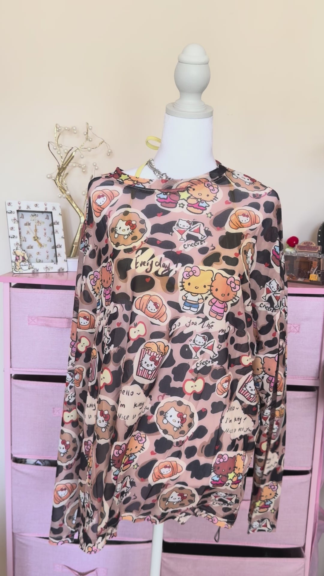 Leopard Kitty Graphic Mesh Long Sleeve Top | Y2K Harajuku Cute Punk