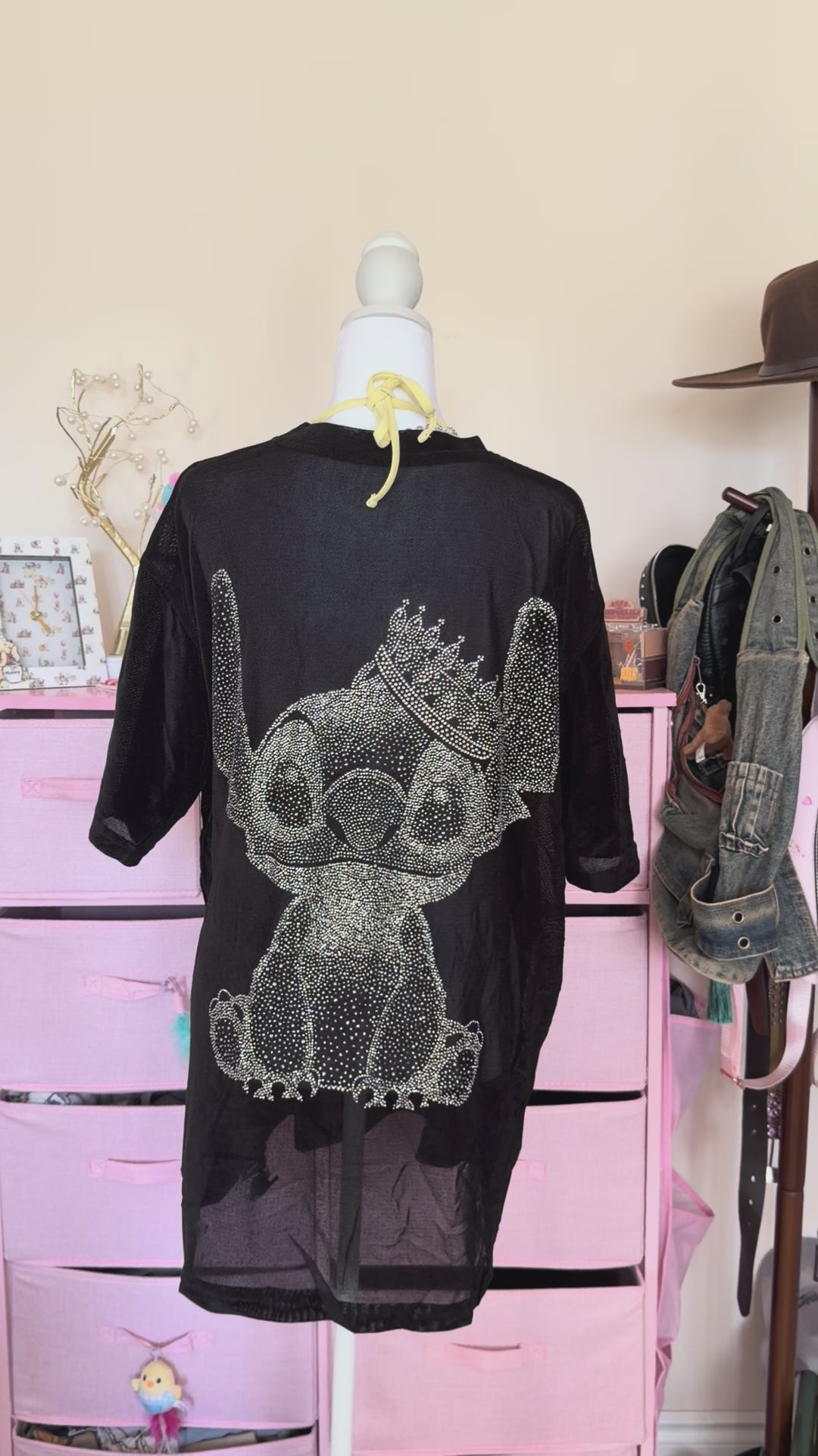 Rhinestone Crown Mesh Oversized T-Shirt – Black