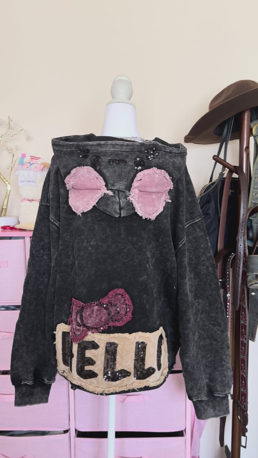 Washed Black Patchwork Graphic Hoodie | Rhinestone Y2K Oversized Sweatshirt