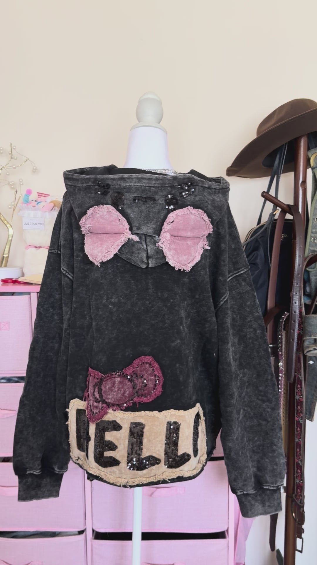Washed Black Patchwork Graphic Hoodie | Rhinestone Y2K Oversized Sweatshirt