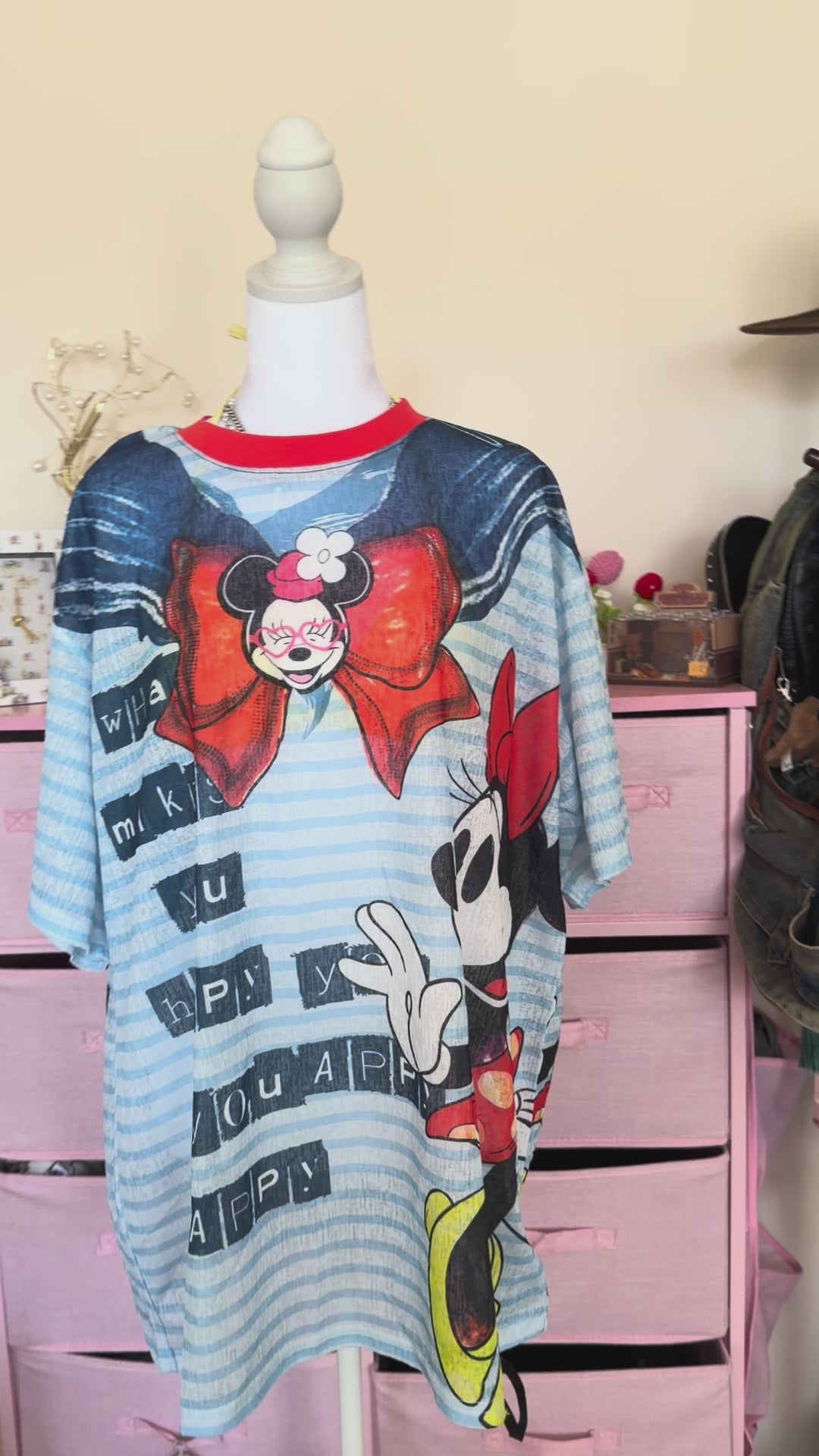 Vintage Cartoon Stripe Graphic Oversized T-Shirt – Blue