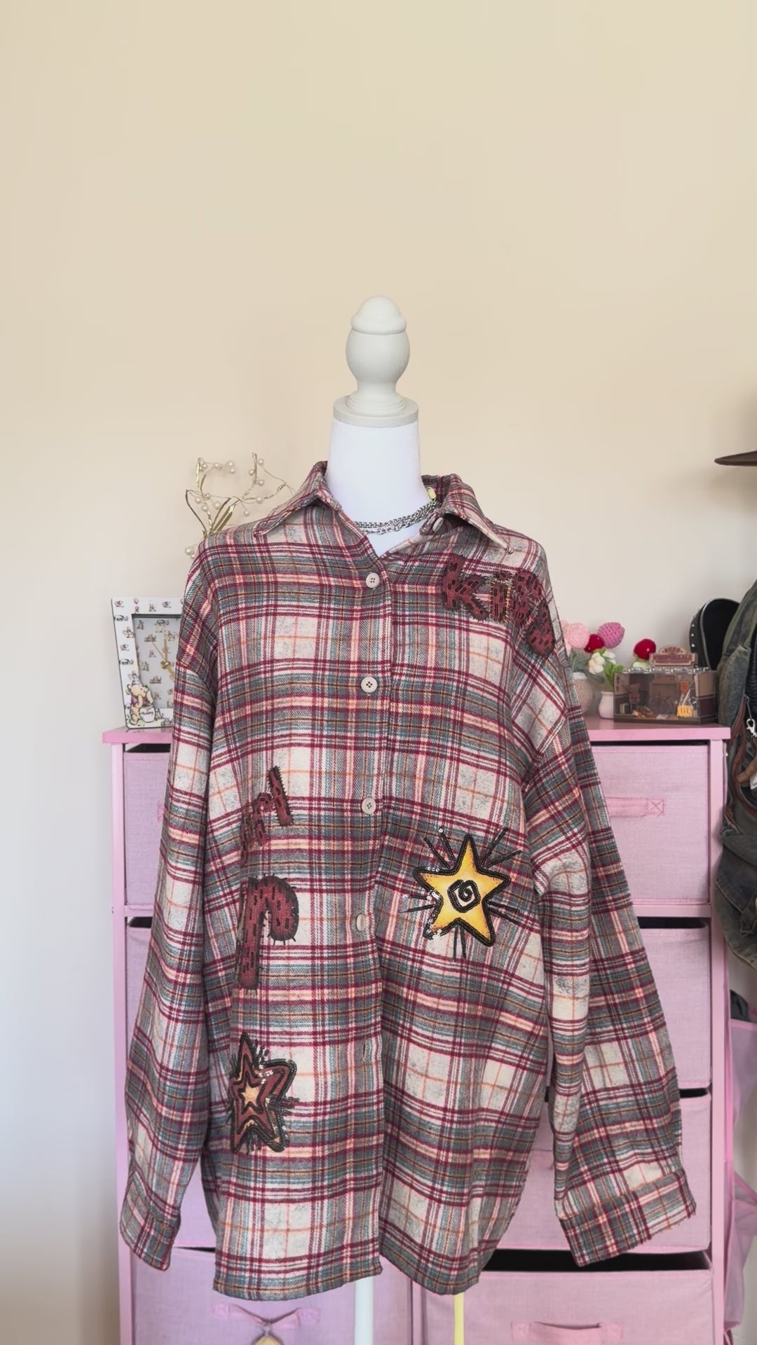 Vintage Plaid Patchwork Graphic Oversized Shirt – Brown