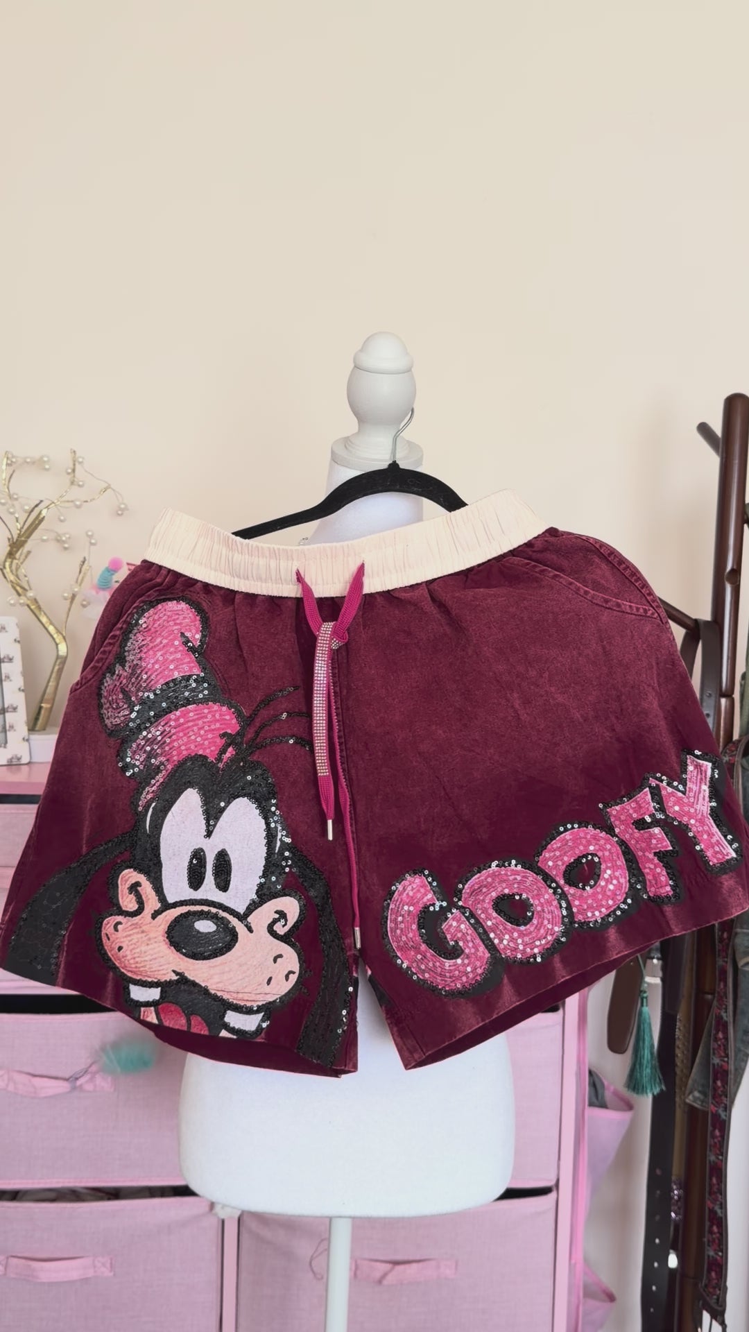 Burgundy Sequin Cartoon Patchwork Shorts