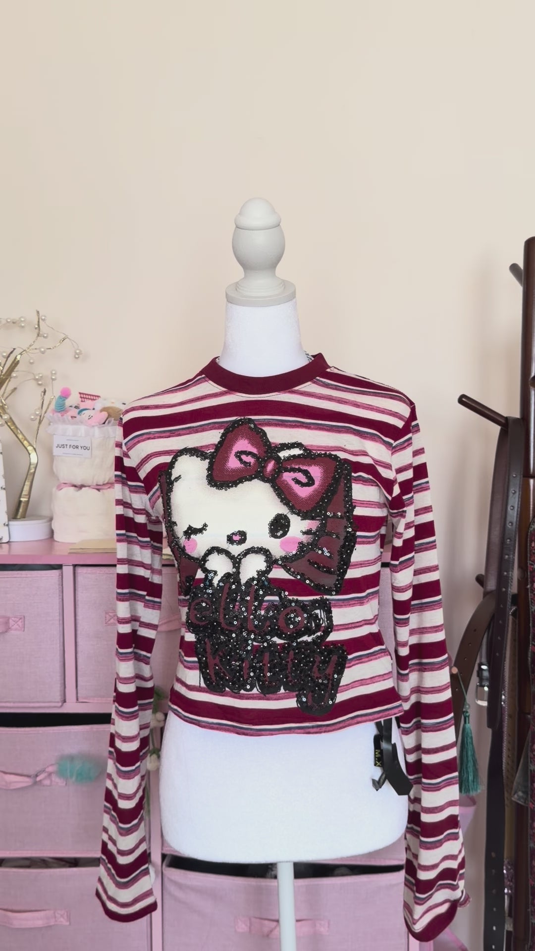 Burgundy Stripe Bow Kitty Long Sleeve Top