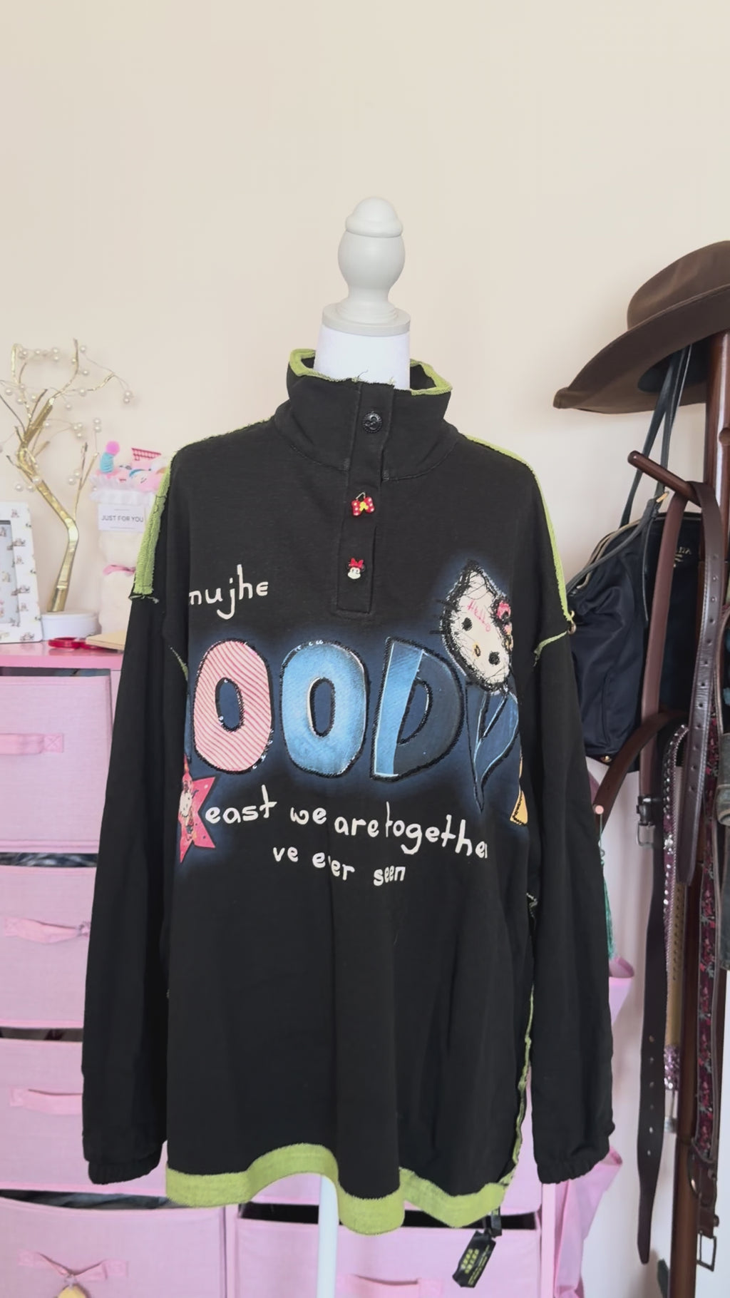 Black Cartoon Appliqué Half-Zip Pullover | Y2K Oversized Sweatshirt