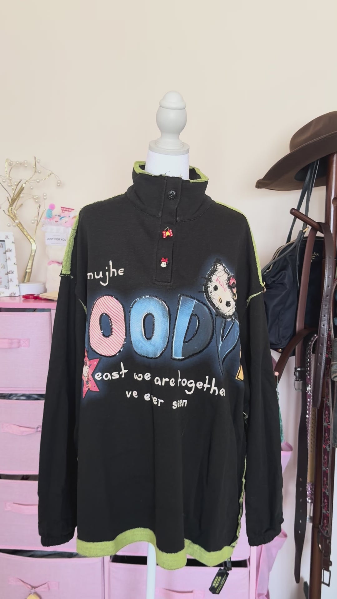 Black Cartoon Appliqué Half-Zip Pullover | Y2K Oversized Sweatshirt