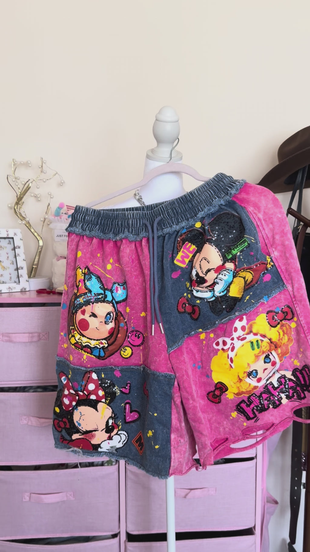 Pink Denim Patchwork Graphic Shorts | Distressed Y2K Bermuda Shorts