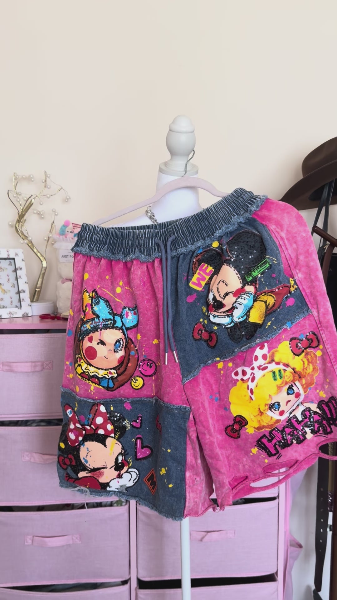 Pink Denim Patchwork Graphic Shorts | Distressed Y2K Bermuda Shorts