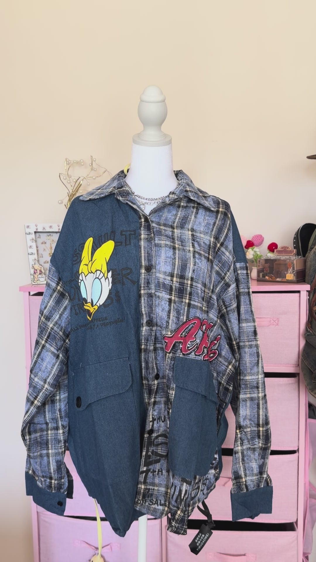 Vintage Patchwork Denim Plaid Button-Up Shirt | Oversized Y2K Style