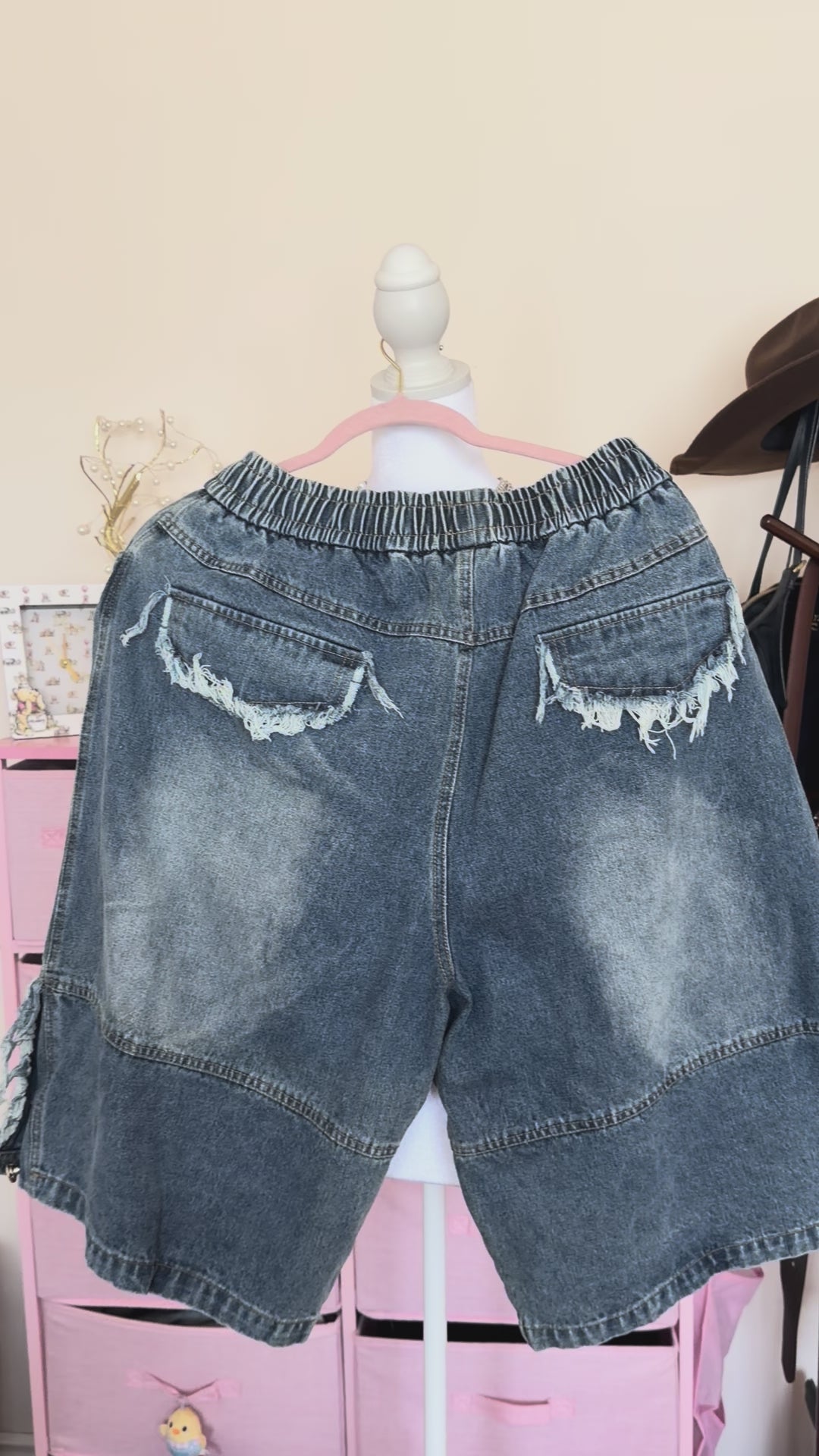 Washed Denim Cartoon Patch Bermuda Shorts | Y2K Drawstring Shorts