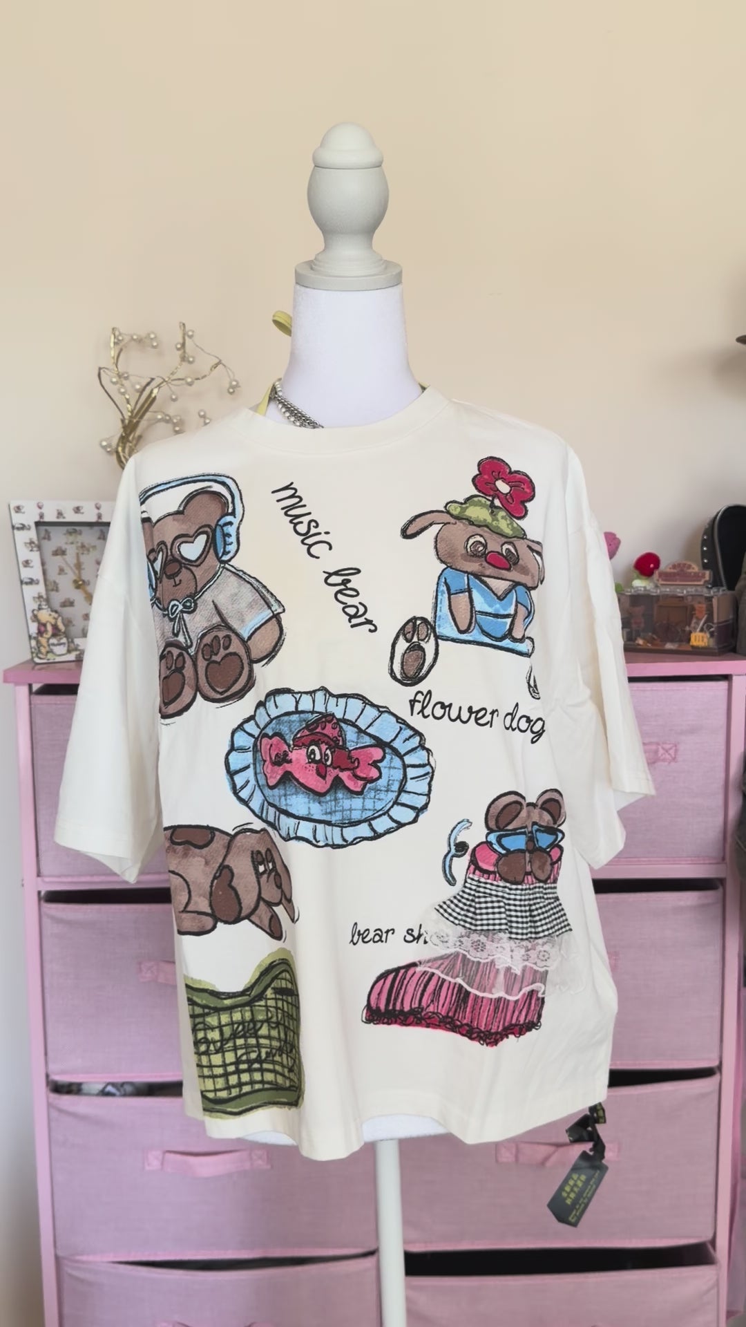 Kawaii Patchwork Graphic Oversized T-Shirt – White